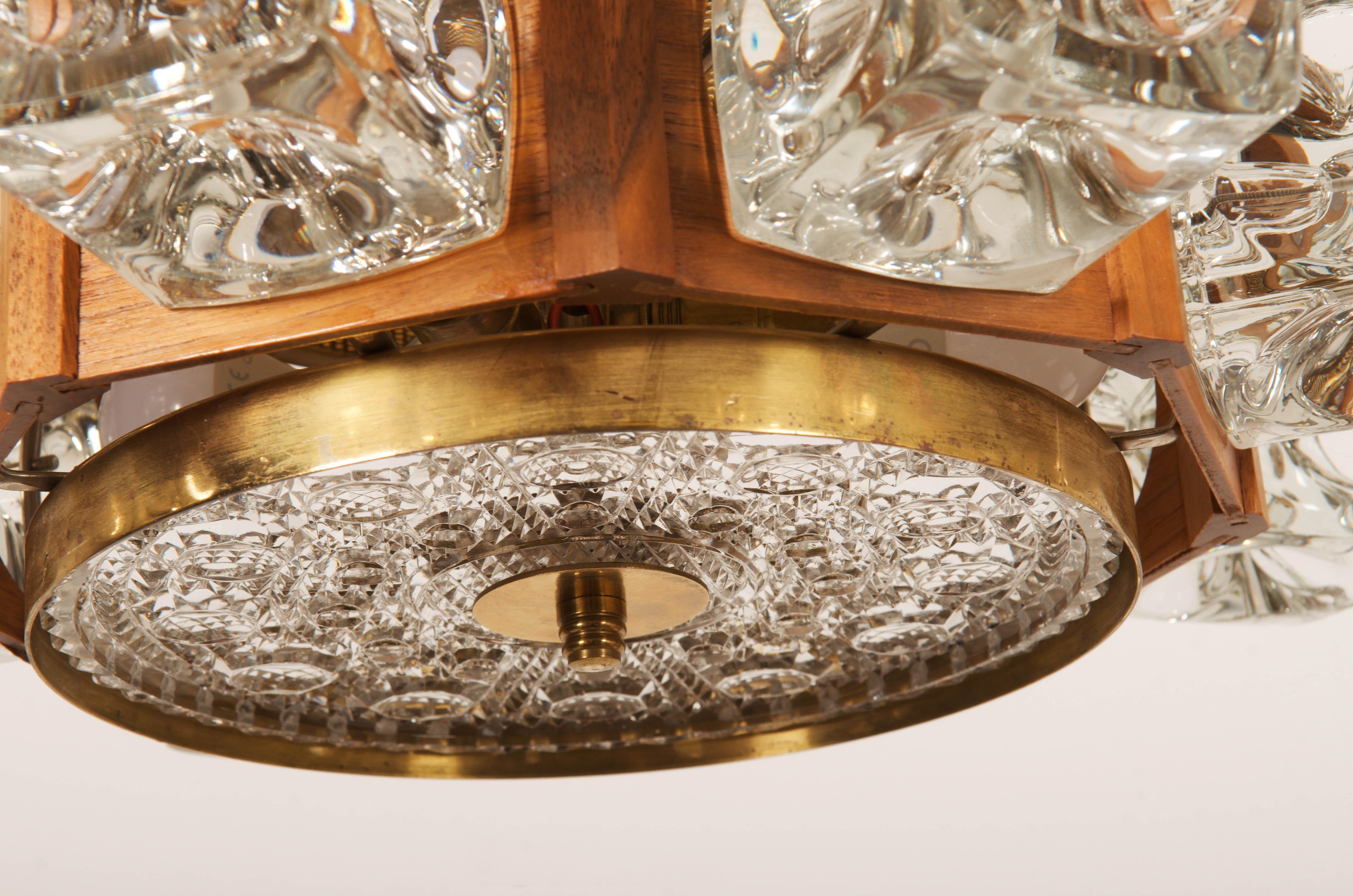 Danish Midcentury Glass, Brass Chandelier by Vitrika For Sale 2