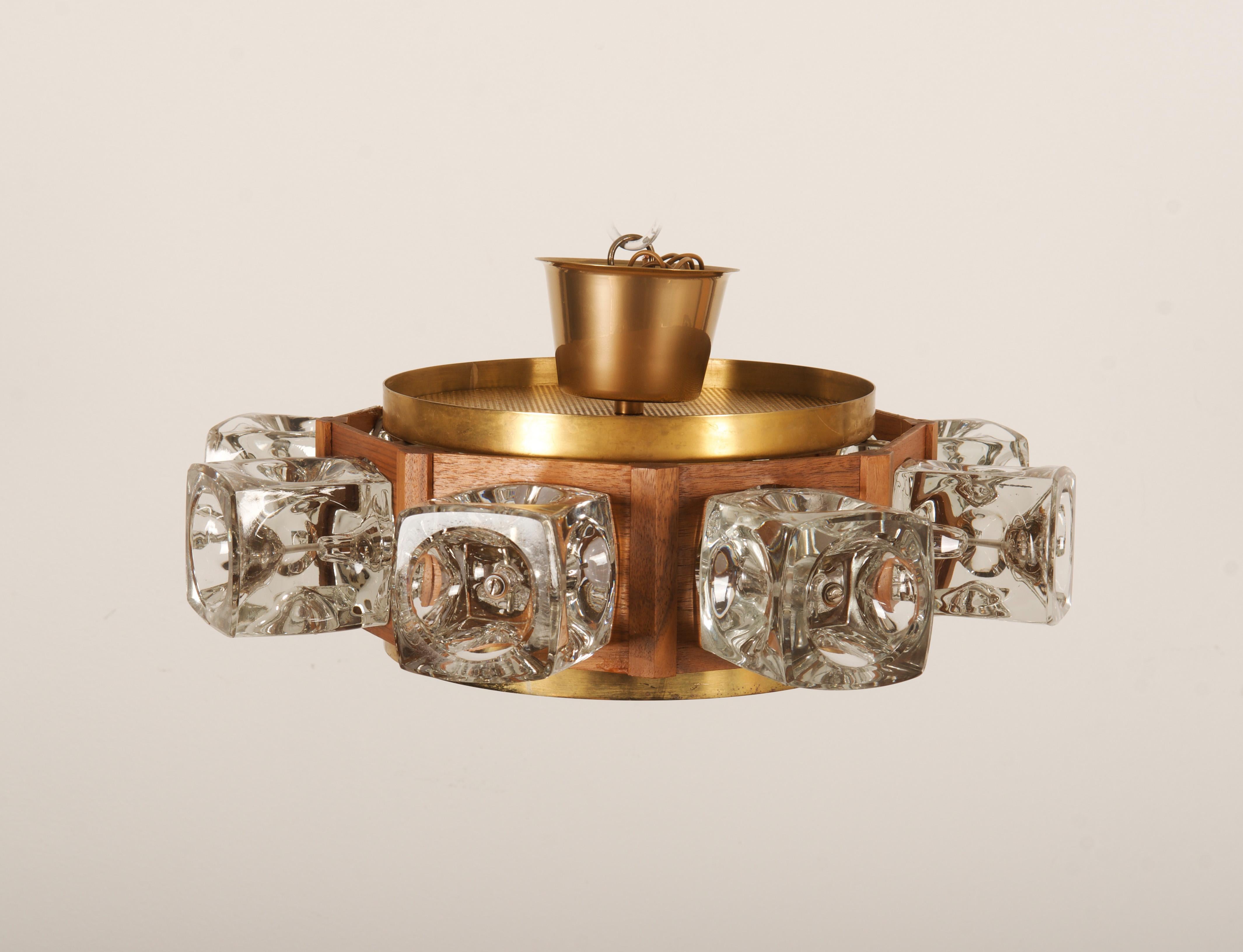 Danish Midcentury Glass, Brass Chandelier by Vitrika For Sale 3