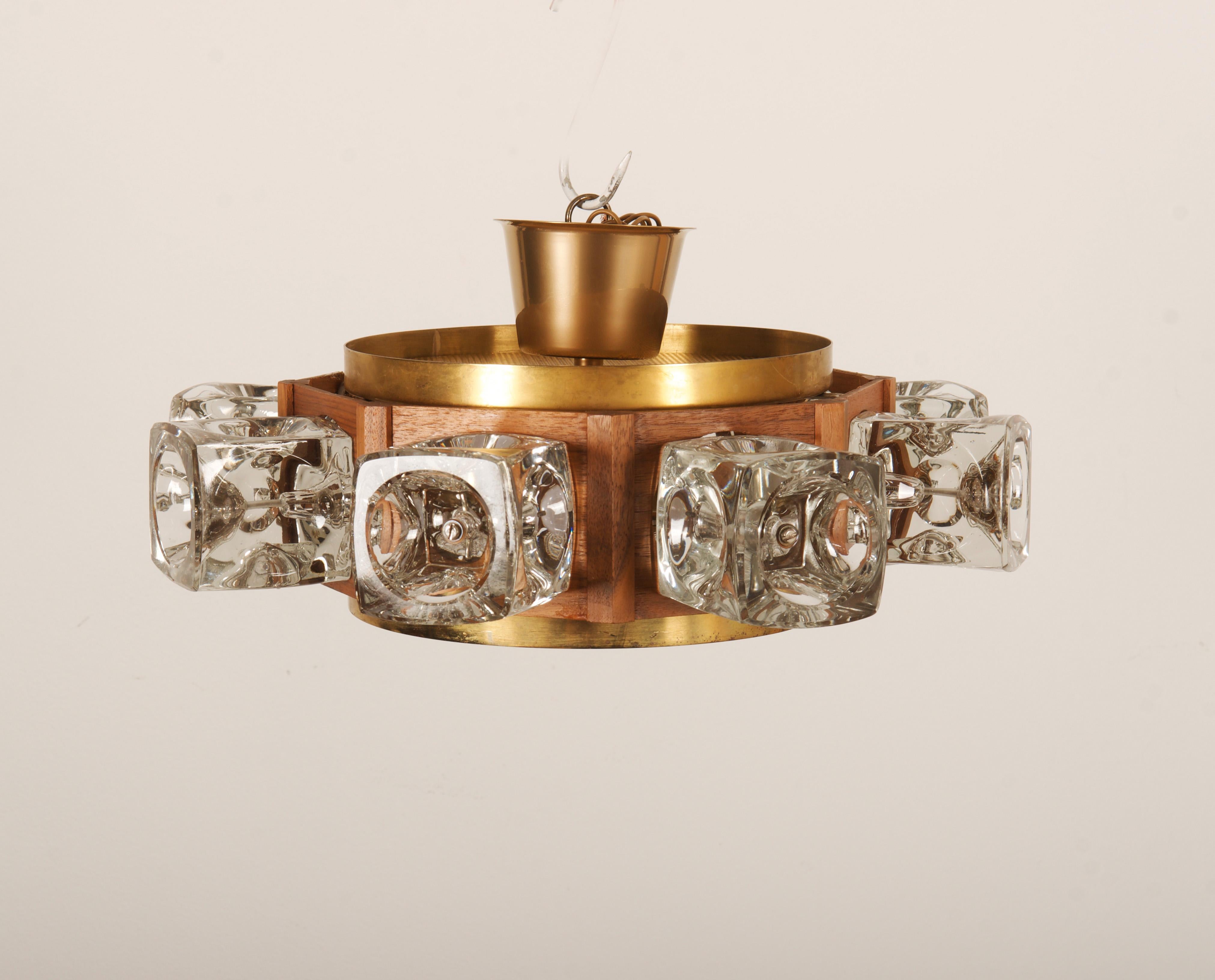 Danish Midcentury Glass, Brass Chandelier by Vitrika For Sale 4