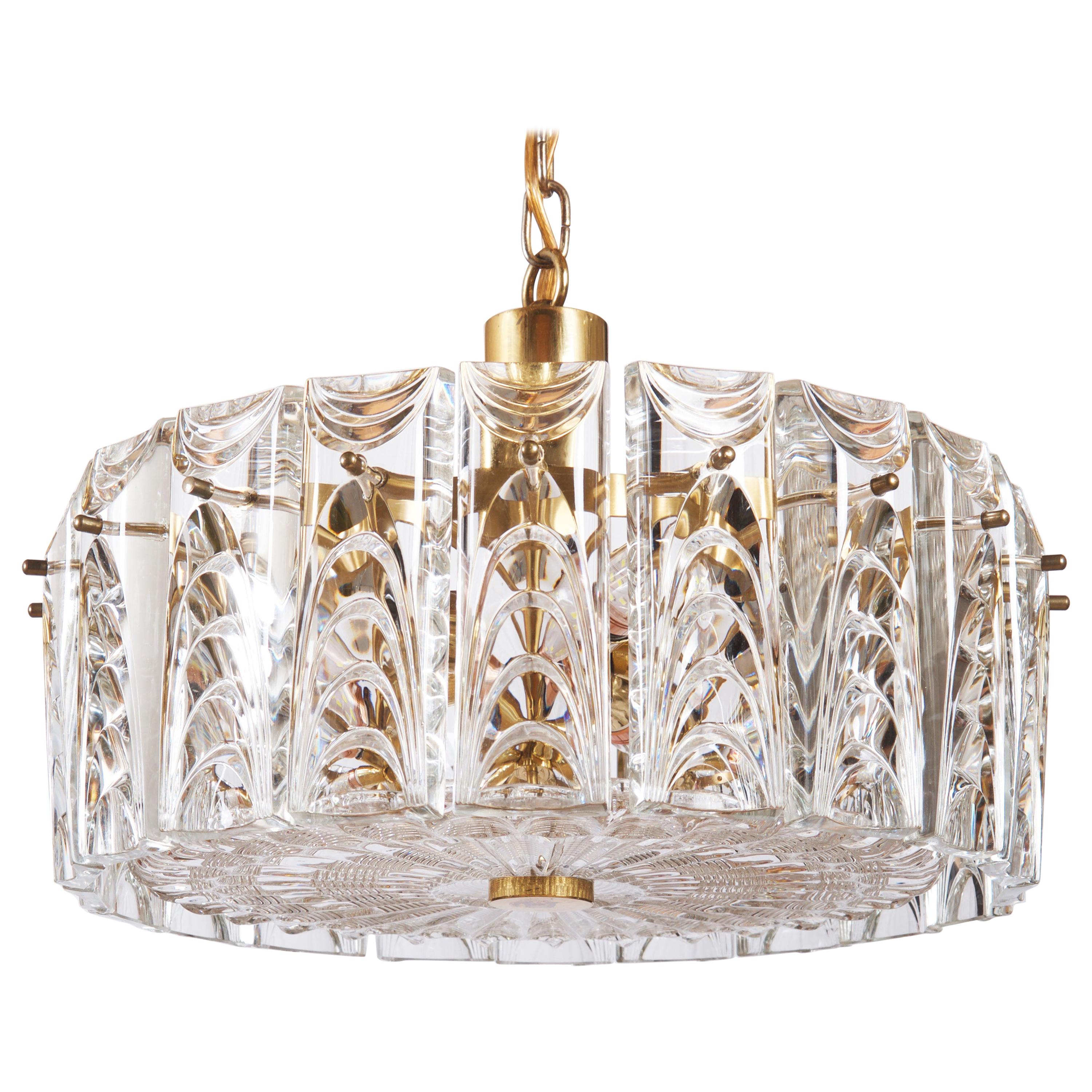 Danish Midcentury Glass, Brass Chandelier by Vitrika