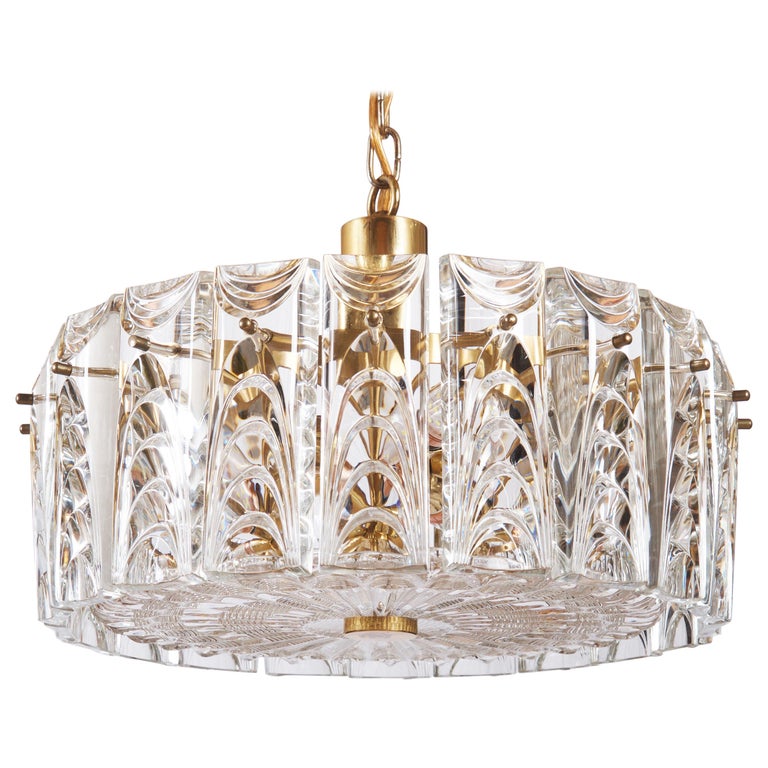 Danish Midcentury Glass, Brass Chandelier by Vitrika For Sale