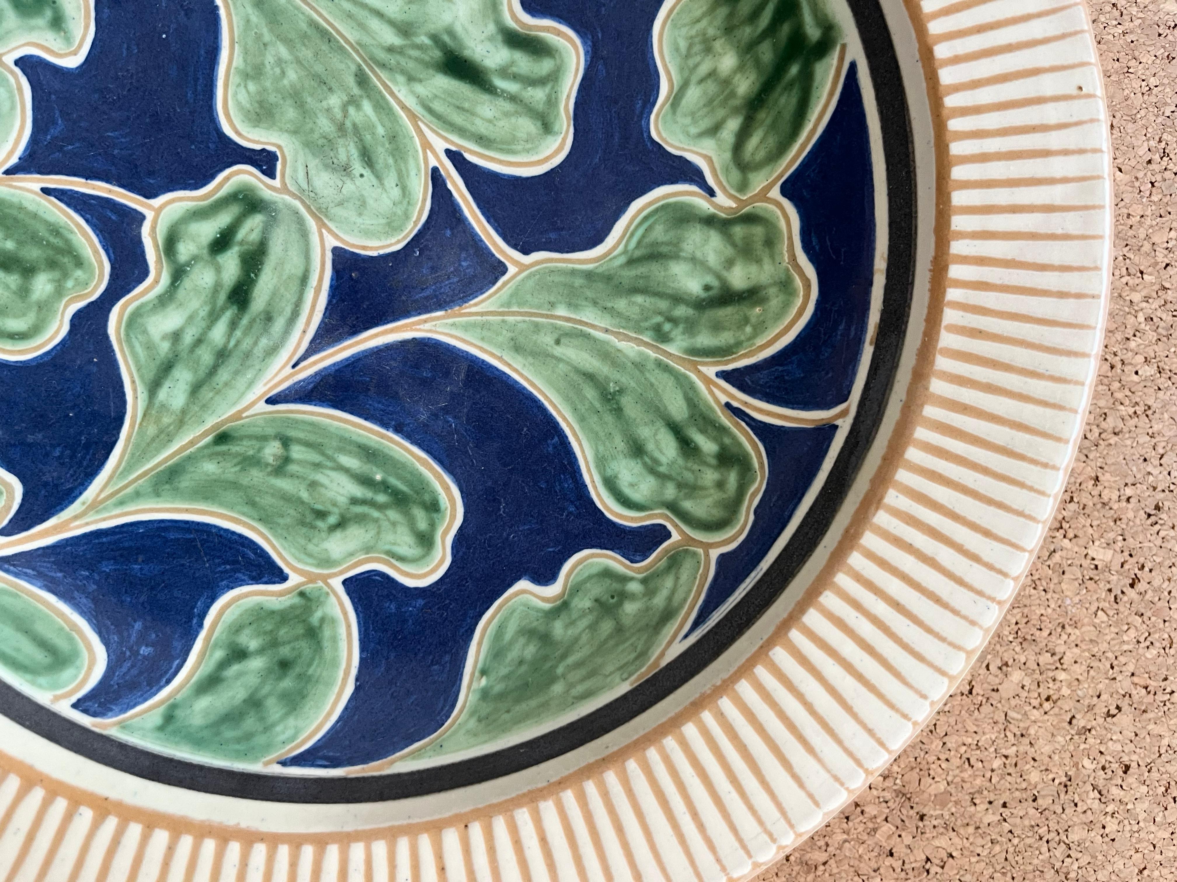 Glazed Danish midcentury handmade ceramic dish in cream, green and blue glazing For Sale