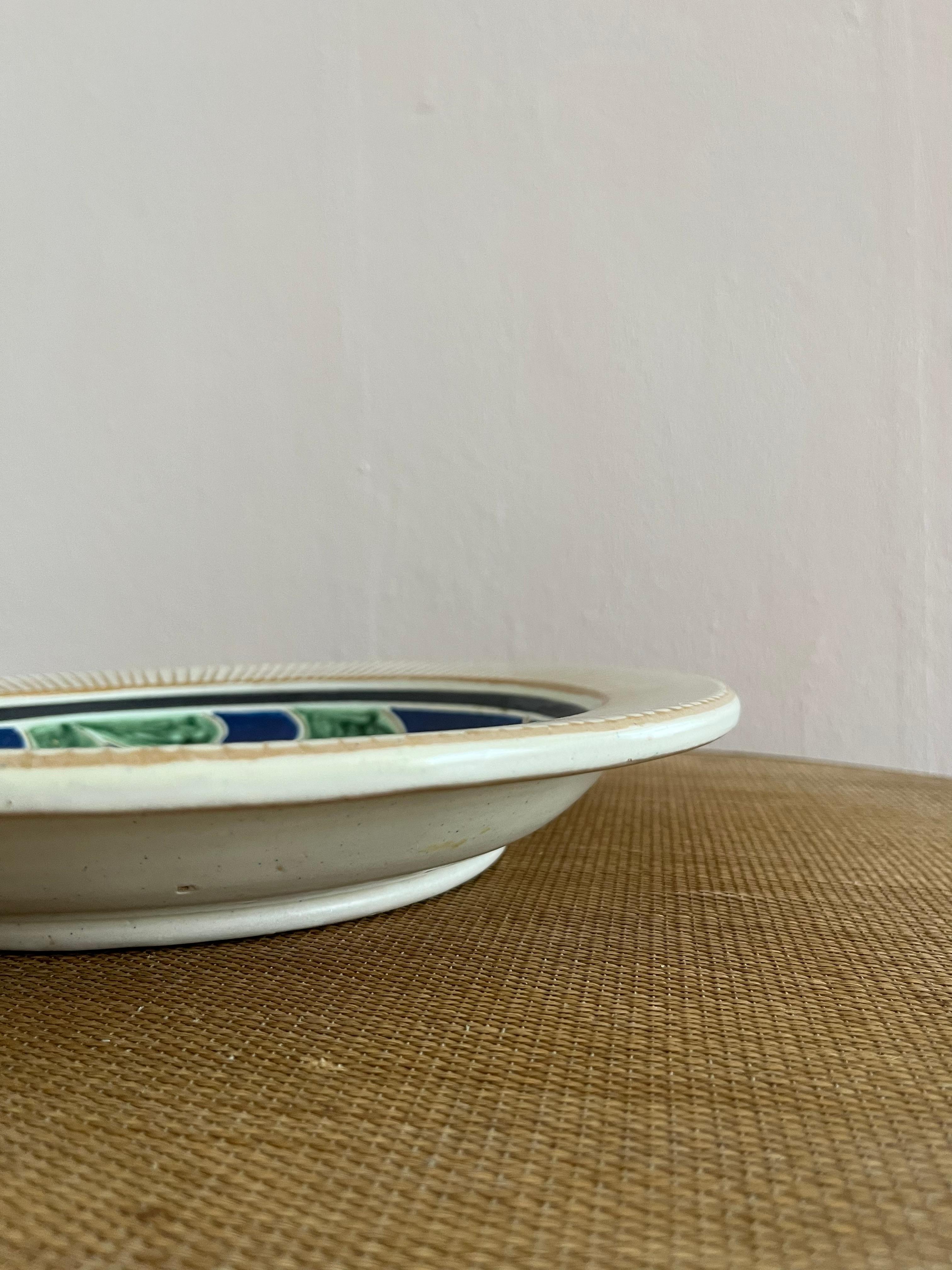 Danish midcentury handmade ceramic dish in cream, green and blue glazing For Sale 2