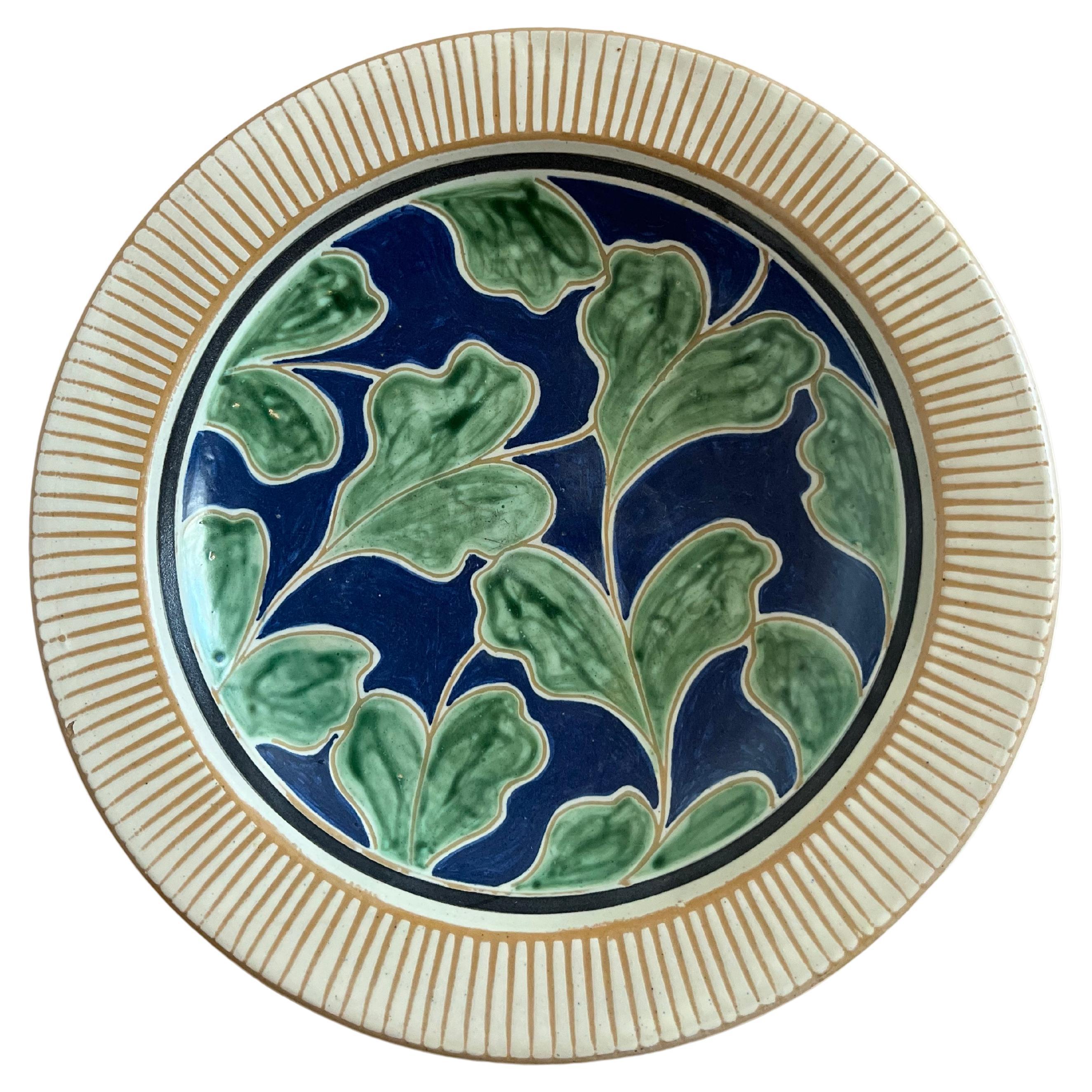 Danish midcentury handmade ceramic dish in cream, green and blue glazing For Sale