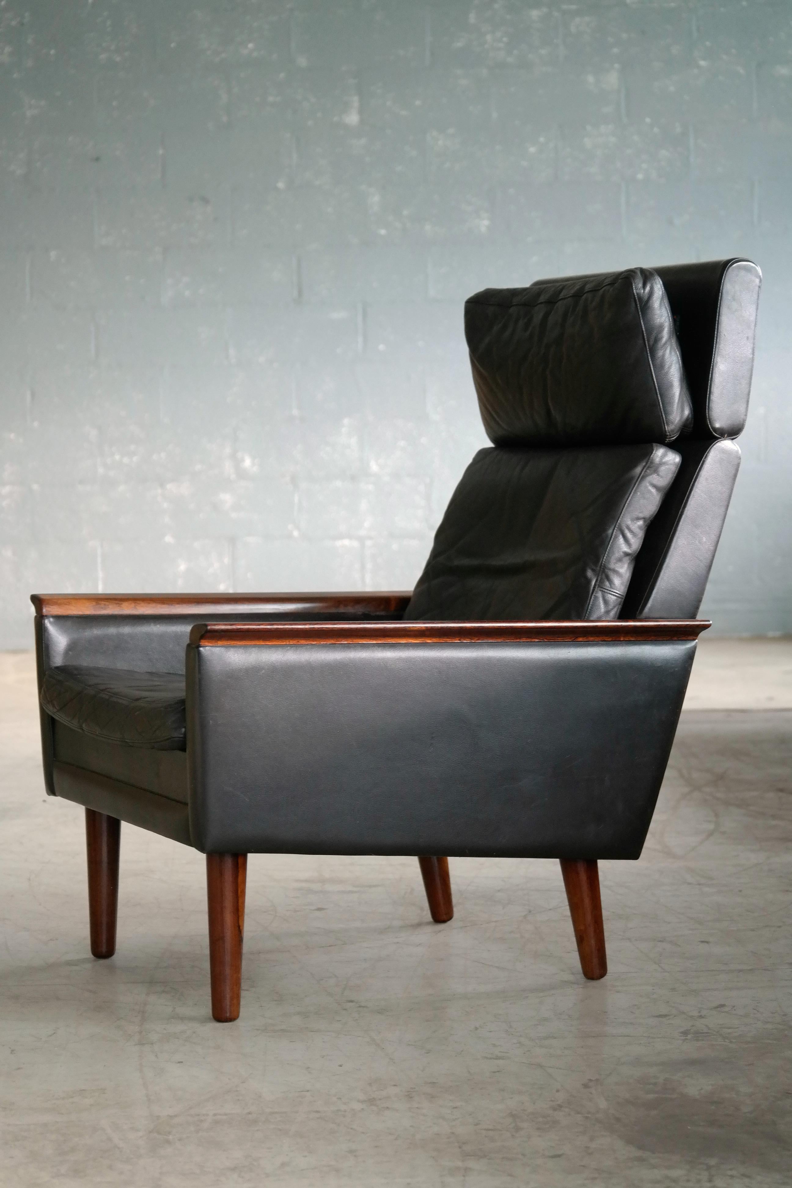 Mid-20th Century Danish Midcentury High Back Lounge Chair in Leather and Rosewood by Erik Wørts