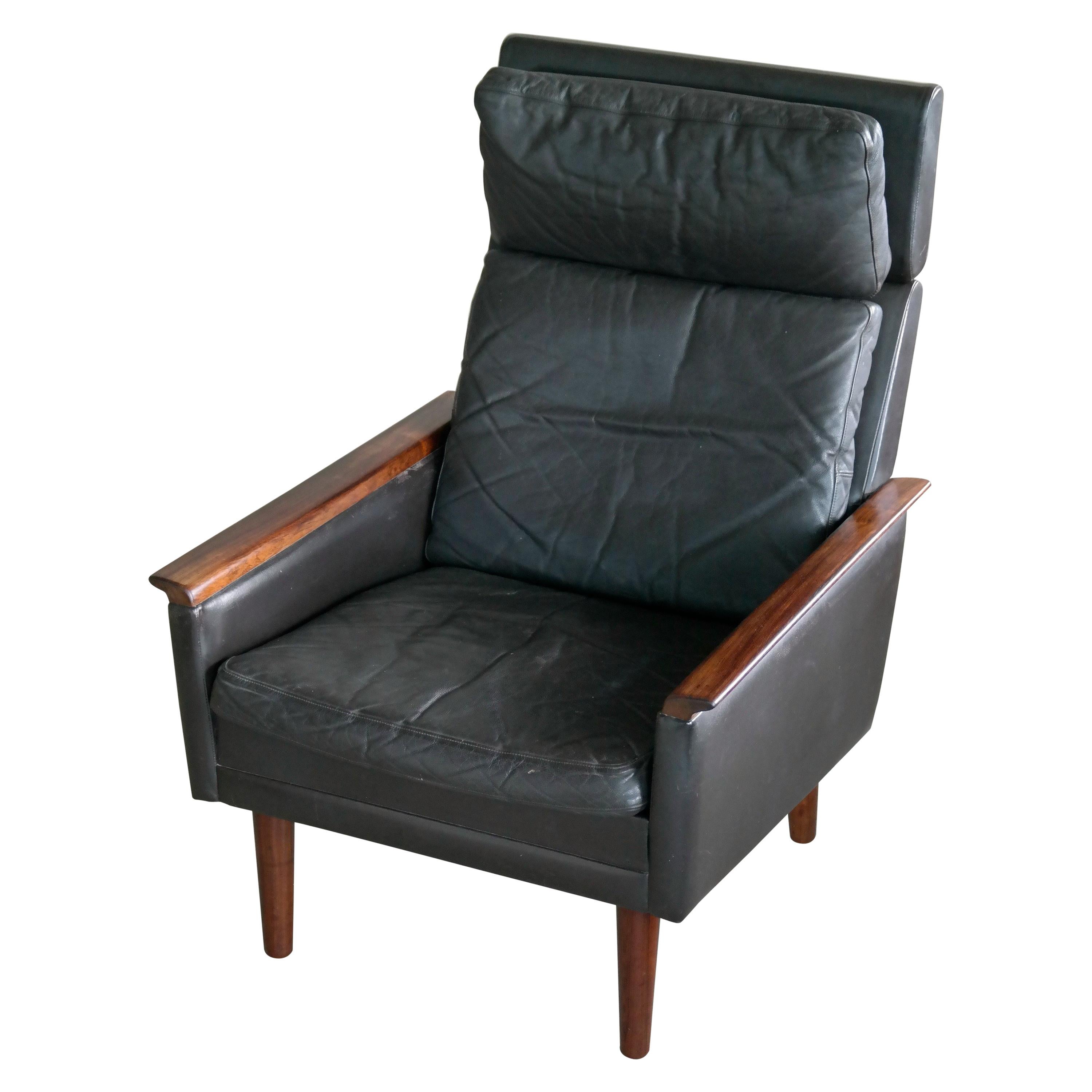 Danish Midcentury High Back Lounge Chair in Leather and Rosewood by Erik Wørts