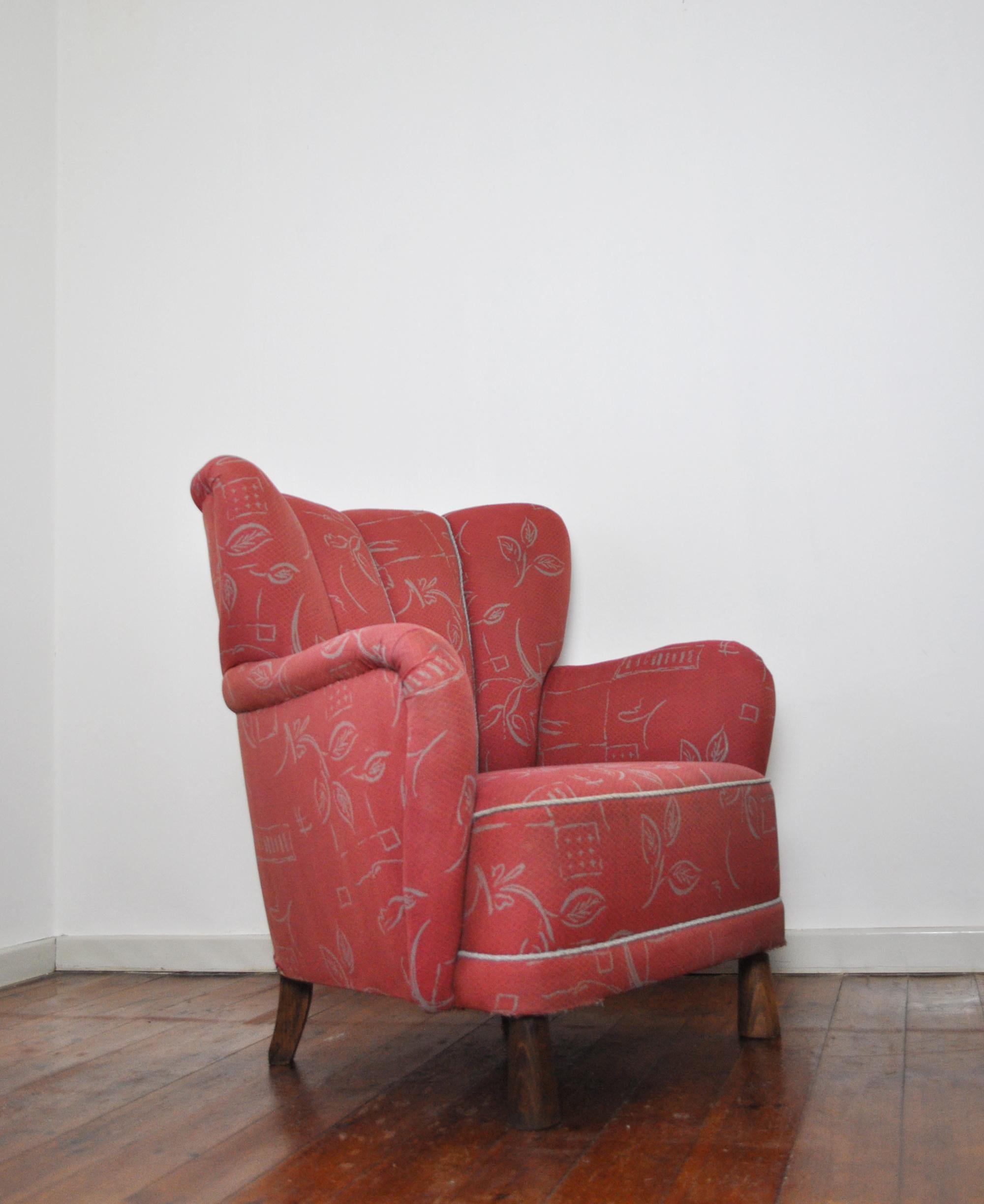 Stained Danish Midcentury High Back Lounge or Club Chair, 1940s