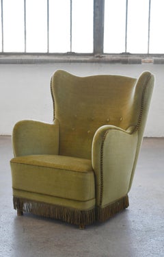 Chaise longue danoise du milieu du siècle en mohair olive ca. 1950