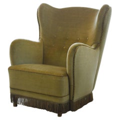 Danish Midcentury Highback Lounge Chair in Olive Mohair ca. 1950