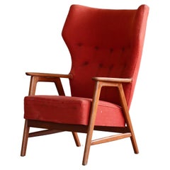 Danish Midcentury Highback Lounge Chair with Teak Armrests 
