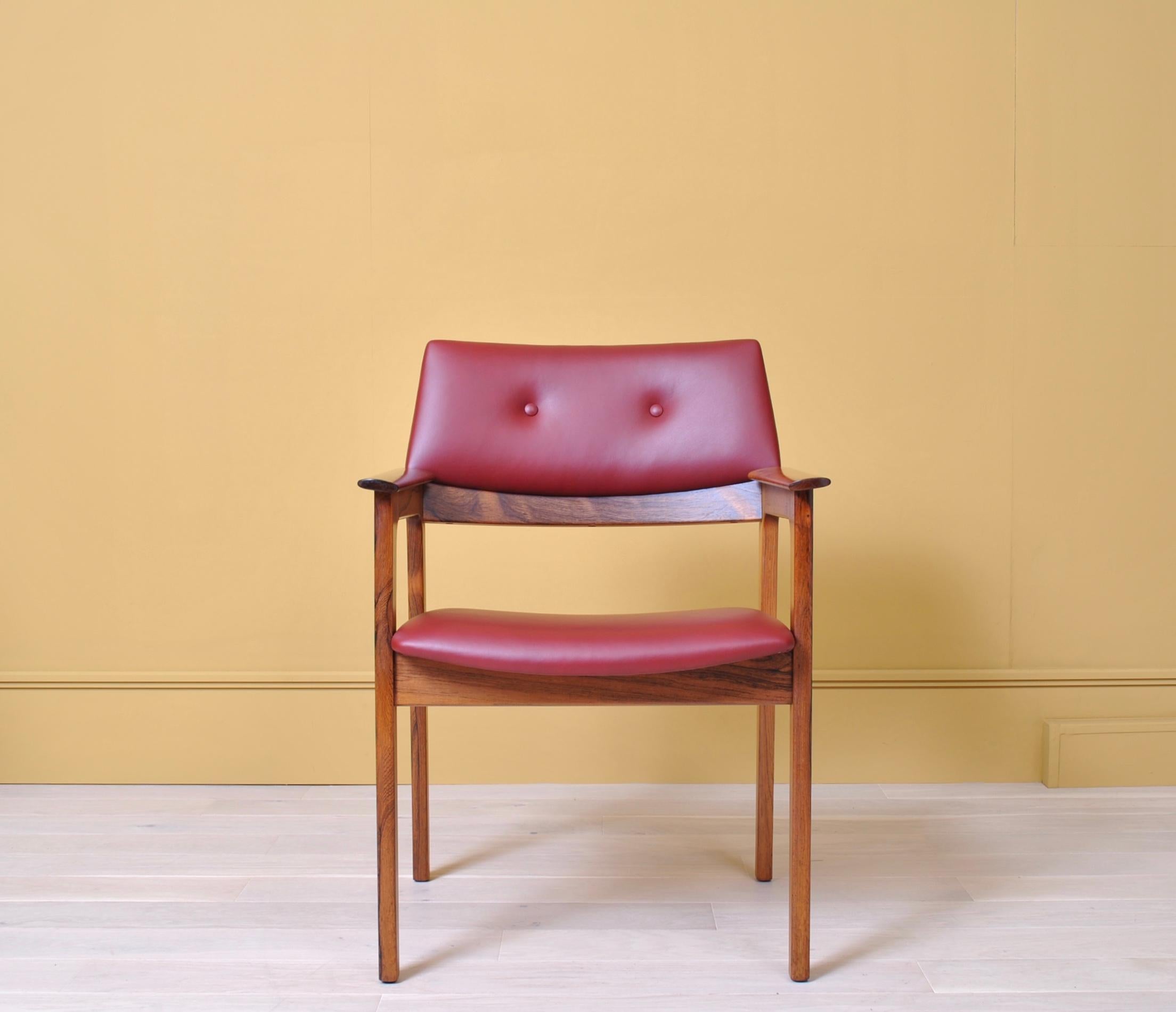 Versatile Danish midcentury chairs. Fully re-upholstered in fine Italian leather. Incredible wild grained frames, and a bold modernist 1960s design that can be utilized in many ways, from desk chair, accent to dining room.
We have 5 available and 4