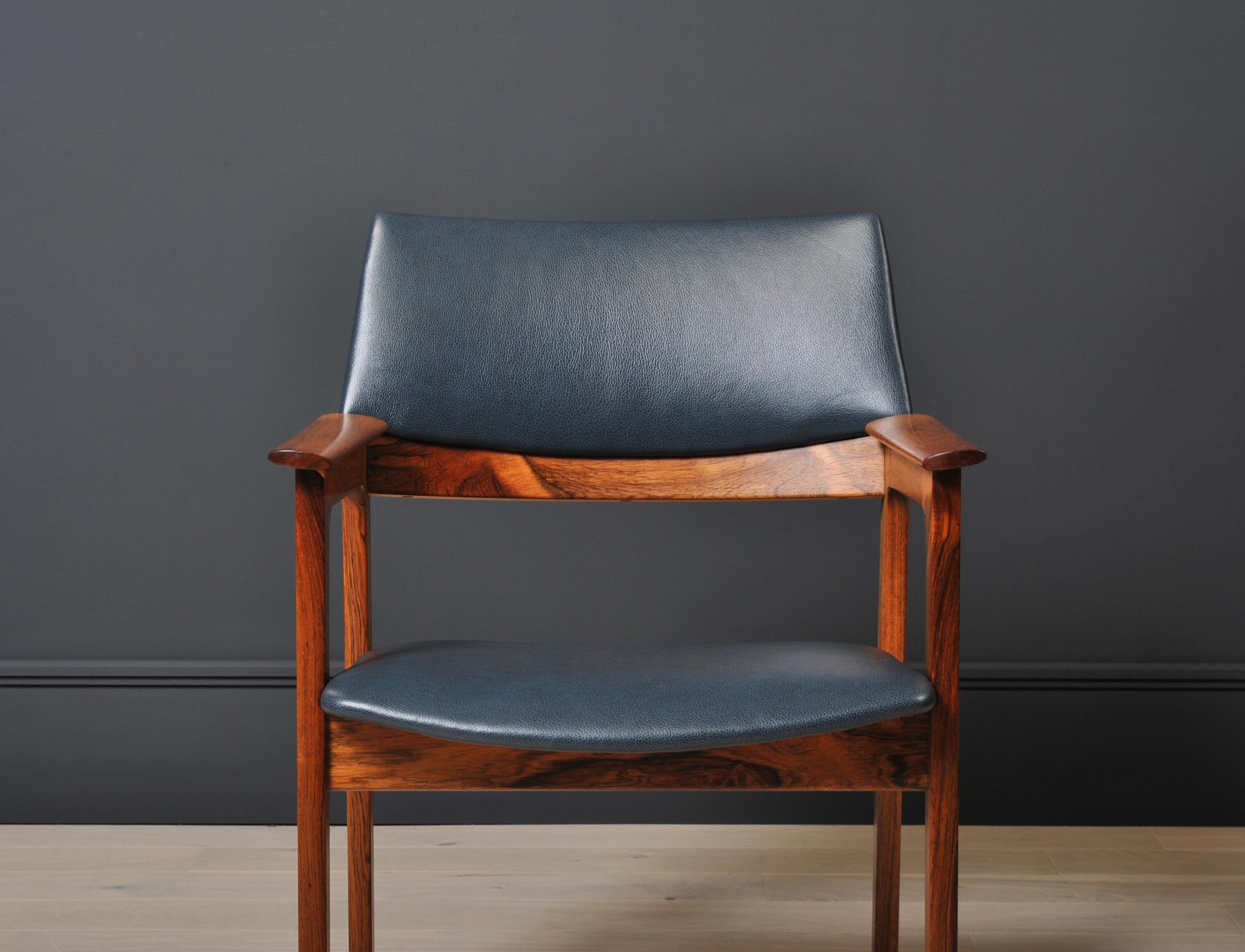 Versatile Danish midcentury chairs. Fully re-upholstered in fine Italian leather. Incredible wild grained frames, and a bold modernist 1960s design that can be utilized in many ways, from desk chair, accent to dining room.

 
 