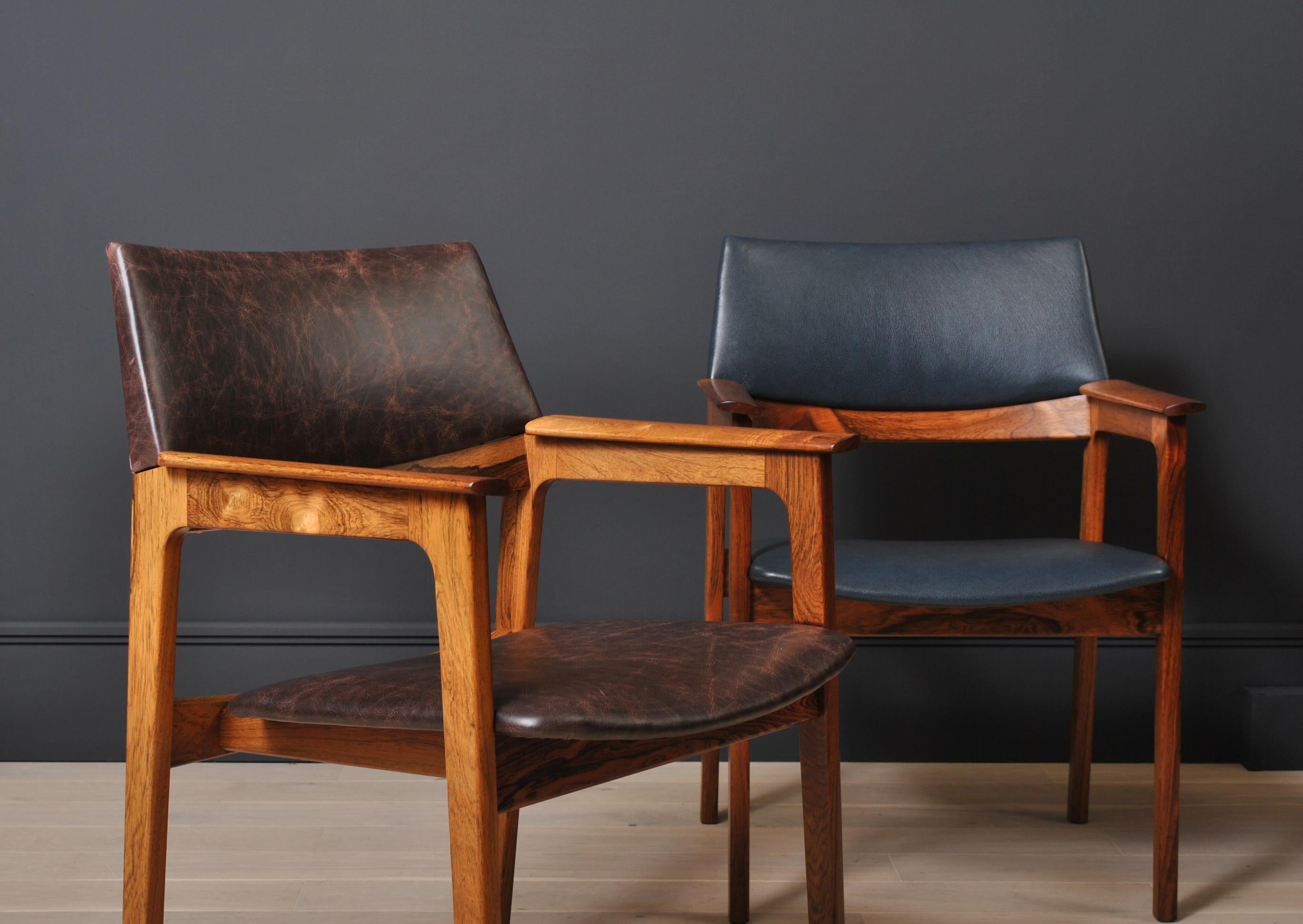 Versatile Danish midcentury chairs. Fully re-upholstered in fine Italian leather. Incredible wild grained frames, and a bold modernist 1960s design that can be utilized in many ways, from desk chair, accent to dining room.
We have more available