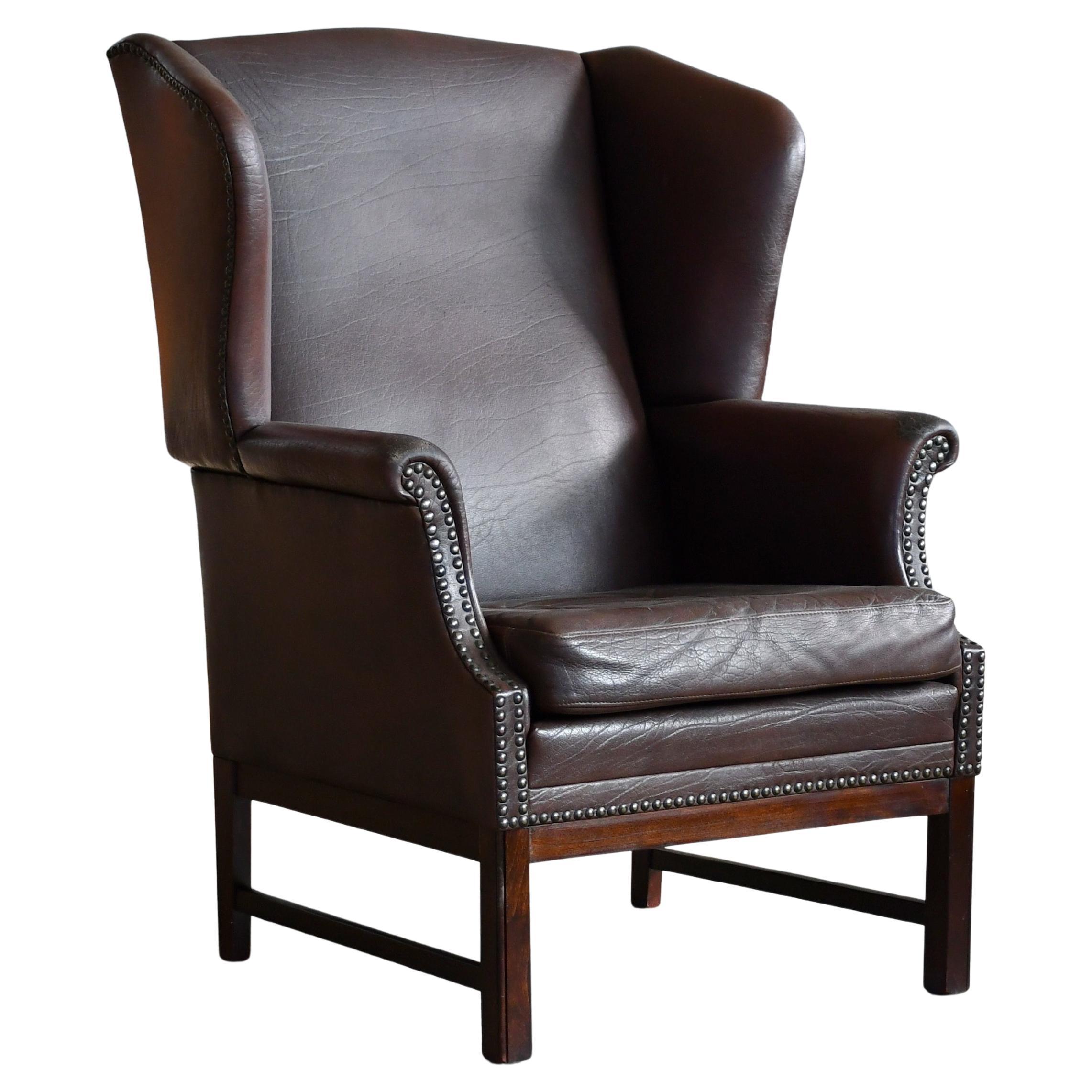 Danish Midcentury Leather Lounge Chair in Queen Anne Style