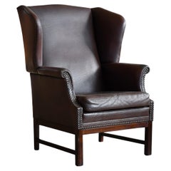 Danish Midcentury Leather Lounge Chair in Queen Anne Style