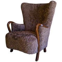 Danish Midcentury Lounge Chair in Grey Sheepskin, 1940s