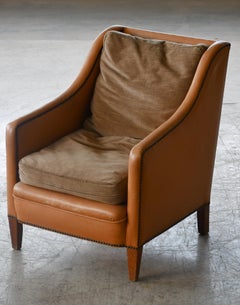 Danish Midcentury Lounge Chair in Tan Leather Tacks and Lose Canvas Cushions
