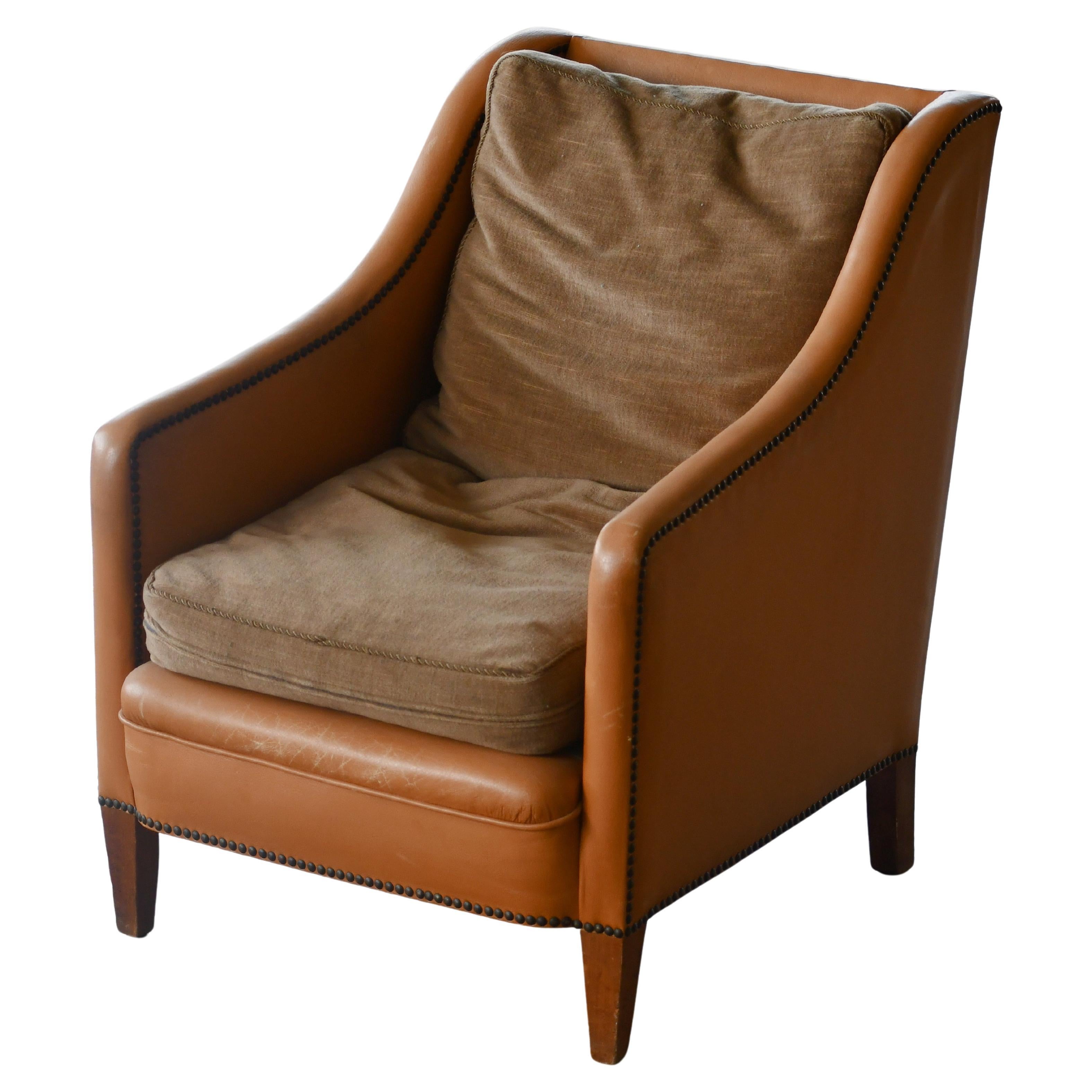 Danish Midcentury Lounge Chair in Tan Leather Tacks and Lose Canvas Cushions