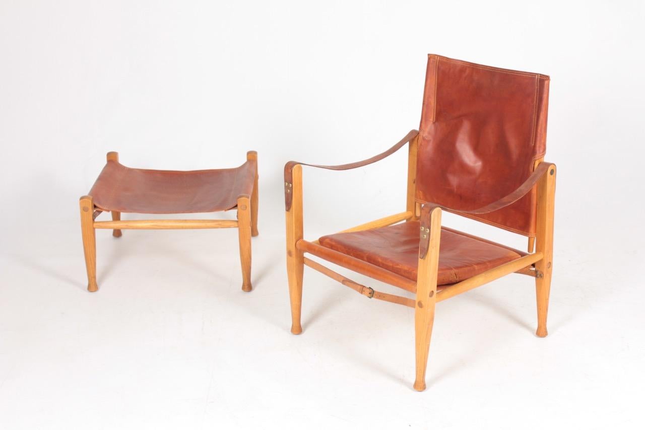 Danish Midcentury Lounge Chair & Ottoman in Patinated Leather by Kaare Klint 3