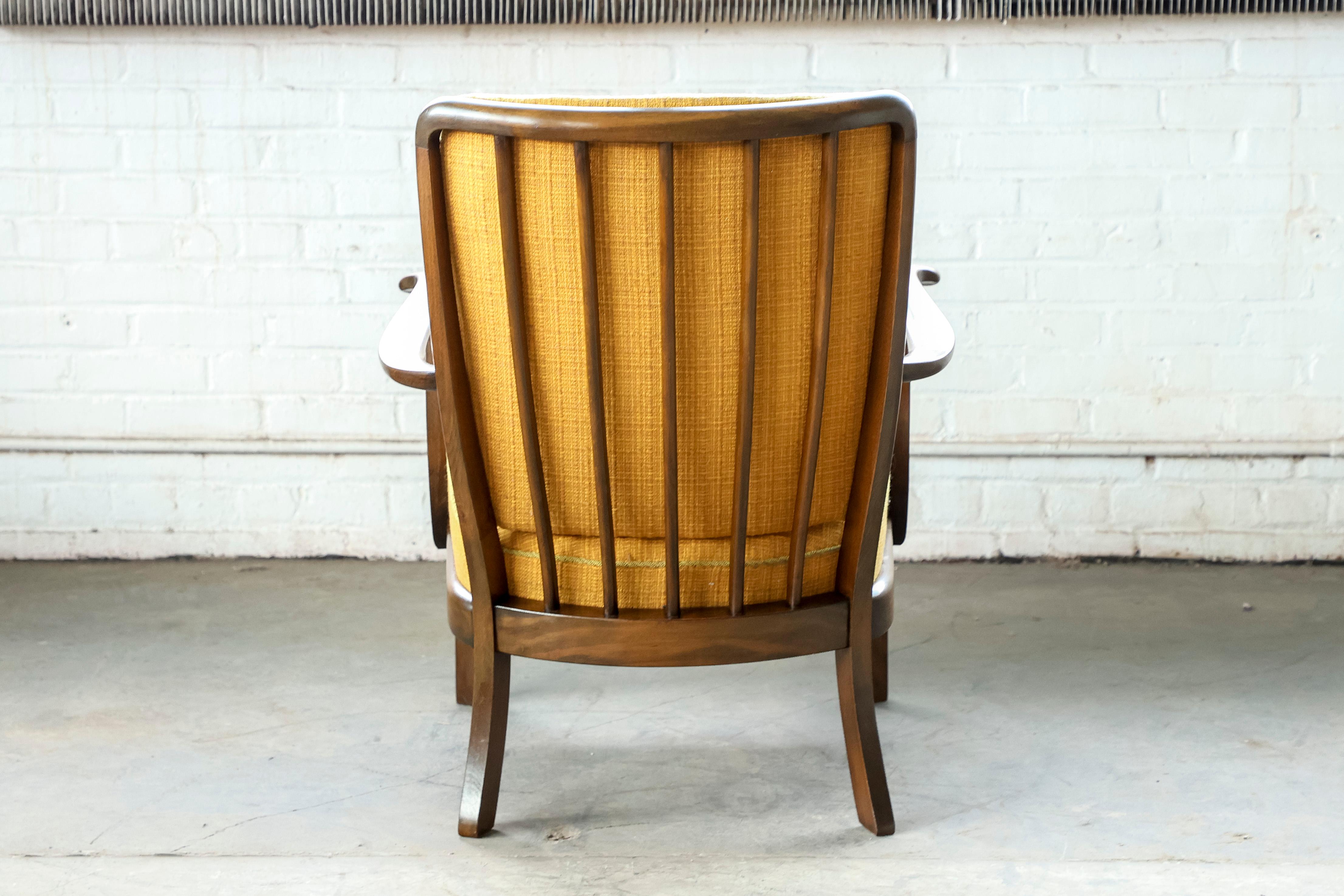 Wool Danish Midcentury Lounge Chair with Slat Back Attributed to Edmund Jorgensen For Sale