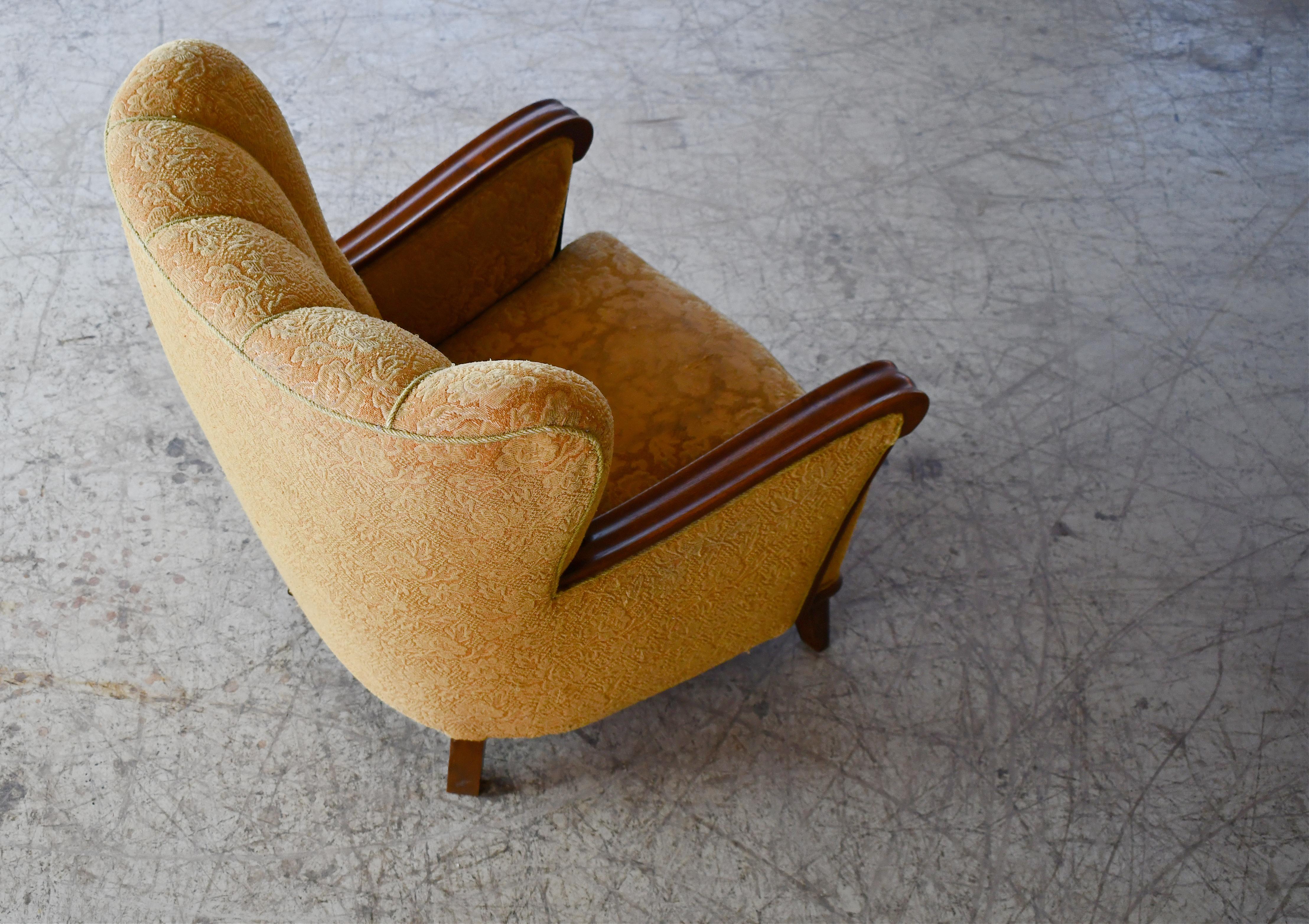 Mid-20th Century Danish Midcentury Lounge Chairs with Scalloped Backs and Carved Armrests 1940s