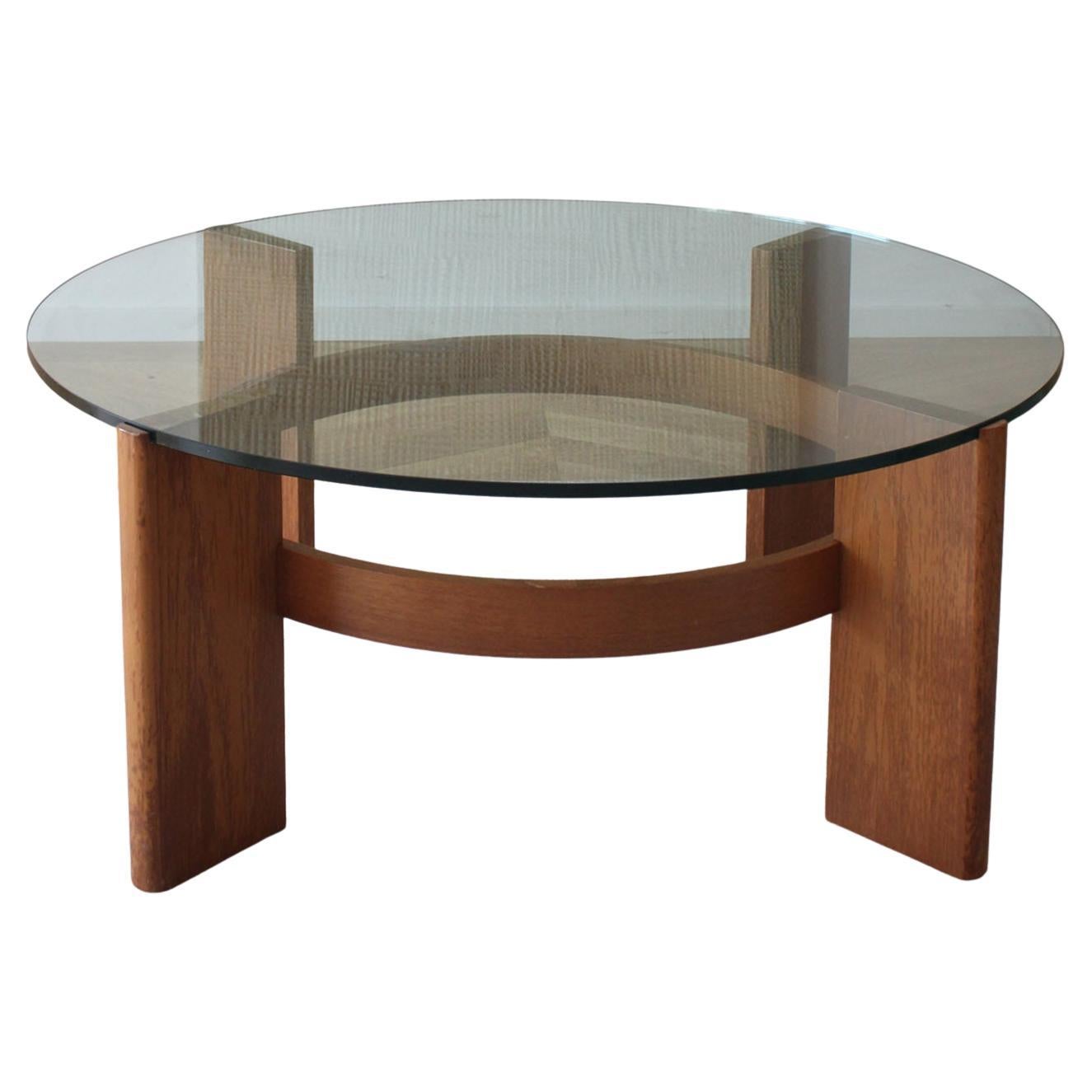Dänischer runder Sofatisch aus Holz und Glas, Moderne der Mitte des Jahrhunderts