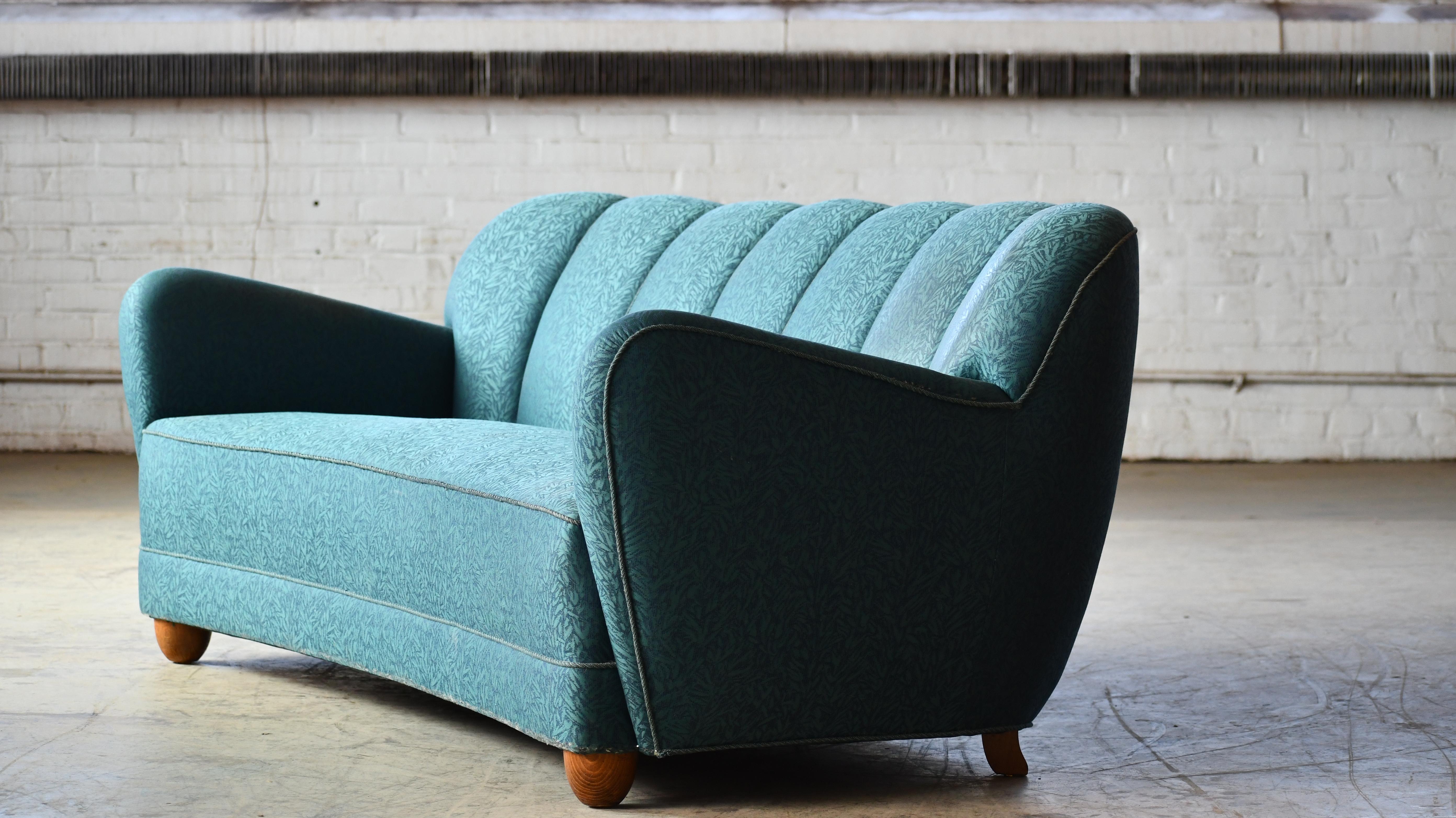 Danish Midcentury Organic Shaped Channel Back Sofa ca 1940's For Sale 1