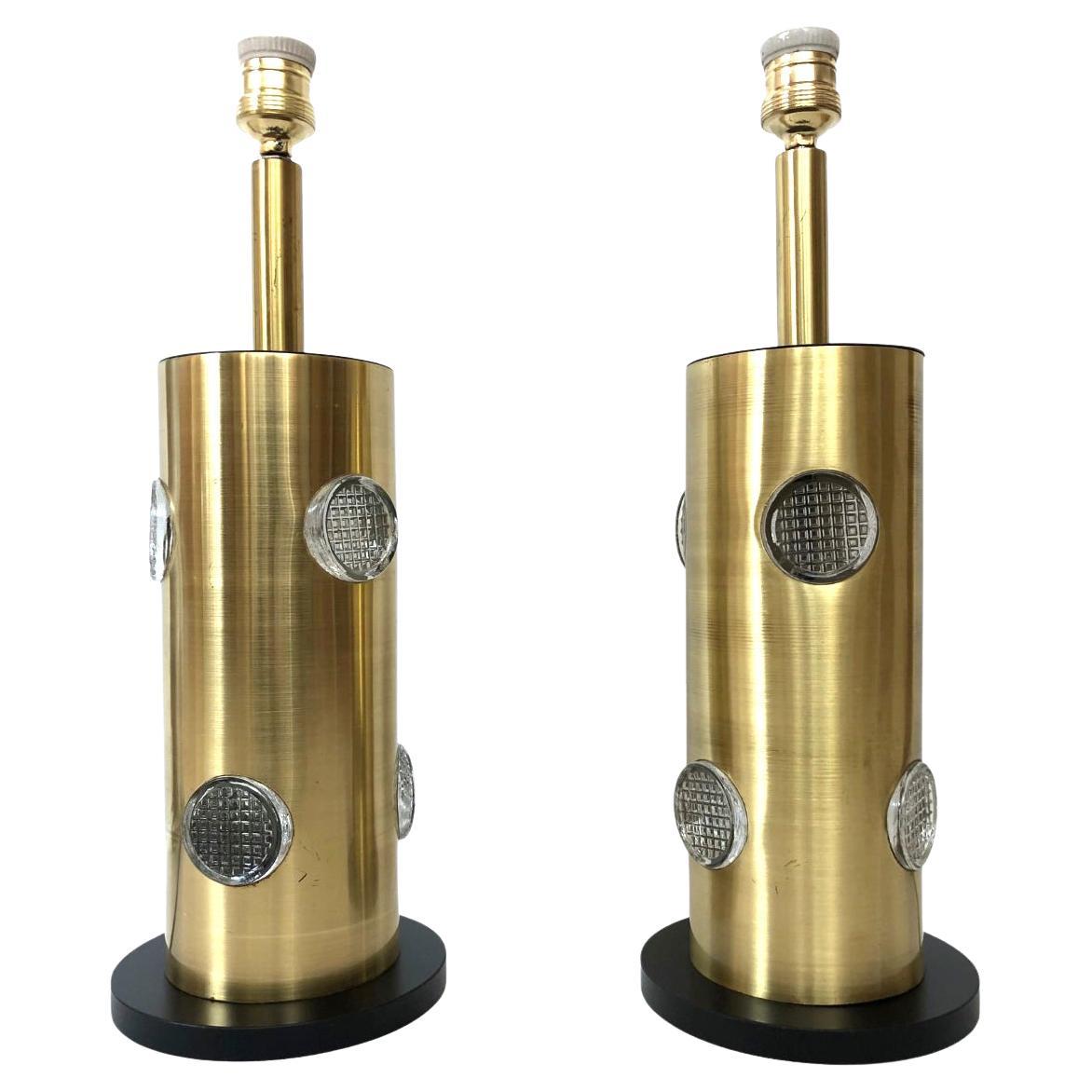 Danish Midcentury Pair of Brass Glass Table Lamps, 1970s