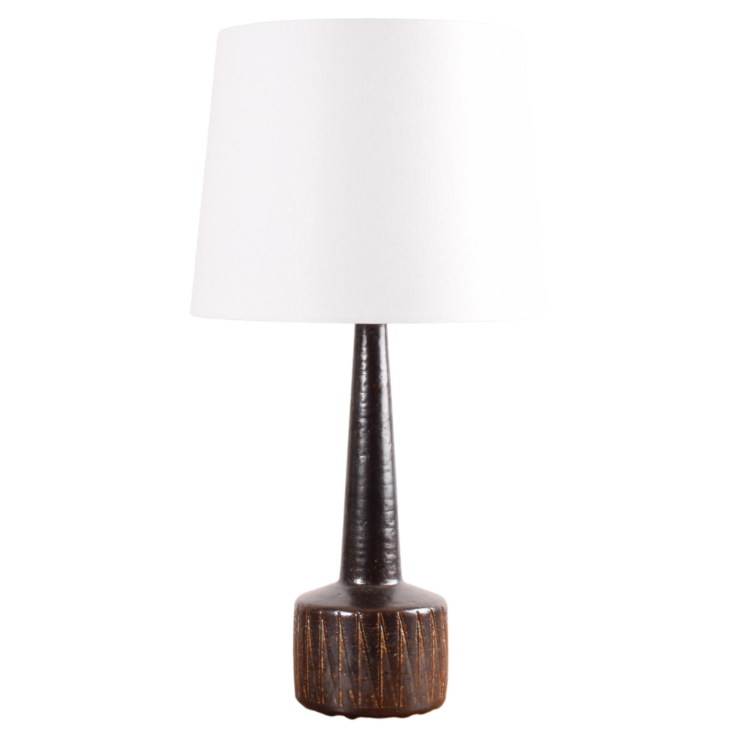 Danish Midcentury Palshus Ceramic Table Lamp Brown Glaze and Stripe Decor, 1960s For Sale