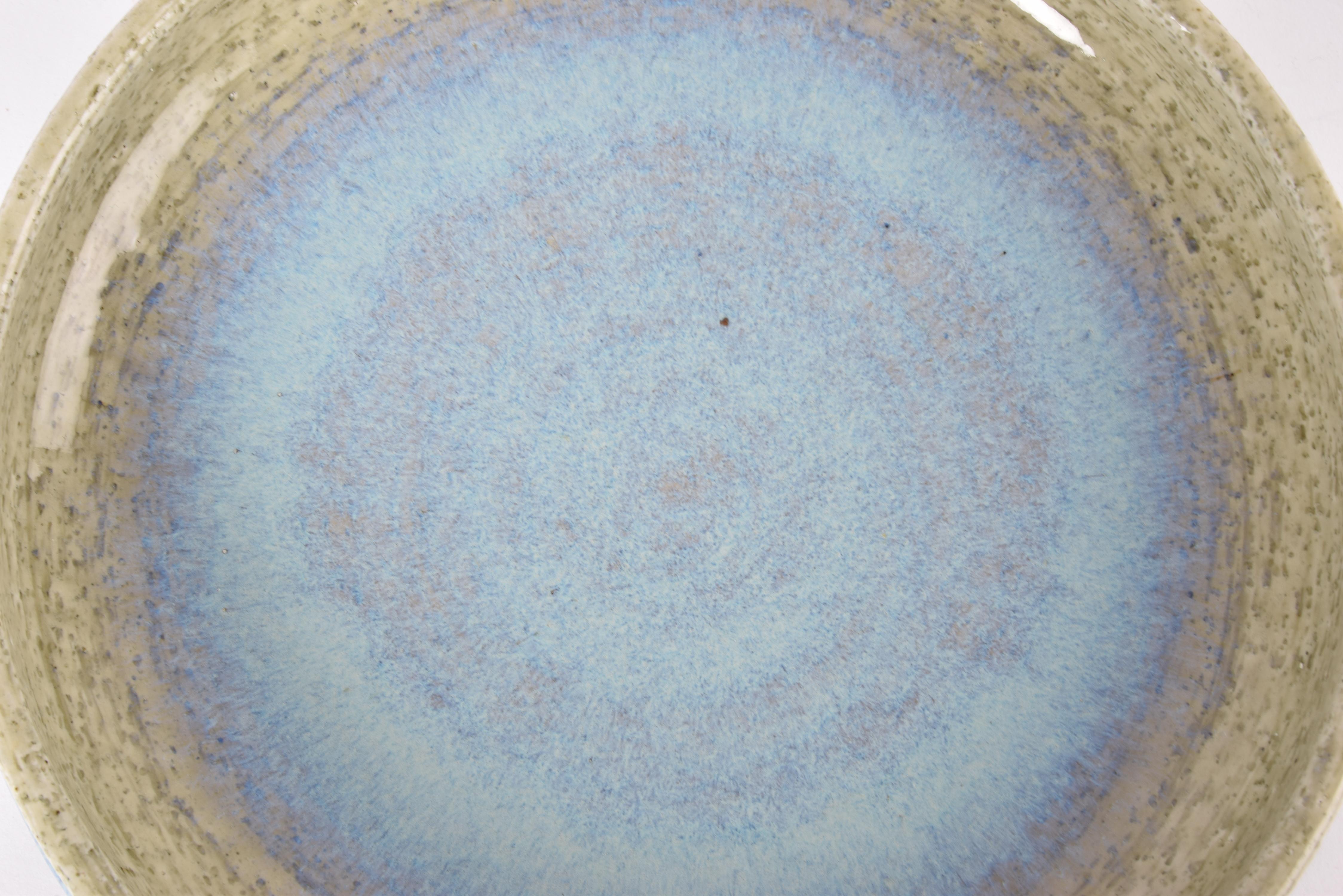Ceramica Ciotola bassa danese di metà secolo Palshus con ceramica Chamotte smaltata di verde e blu, anni '60 in vendita