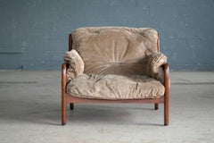 Danish Midcentury Percival Lafer Style Lounge Chairs in Beige Suede and Teak