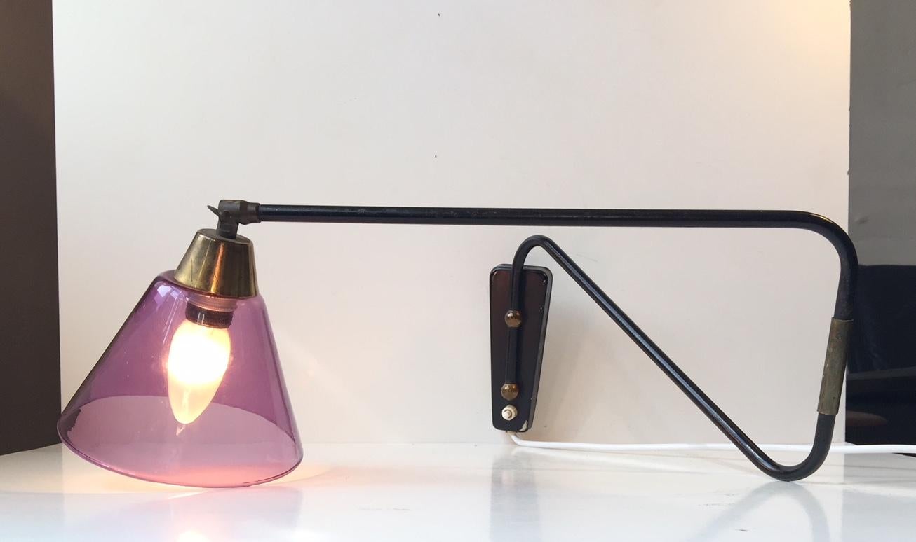 Mid-Century Modern Danish Midcentury Purple Shaded Swing Arm Wall Light, 1950s