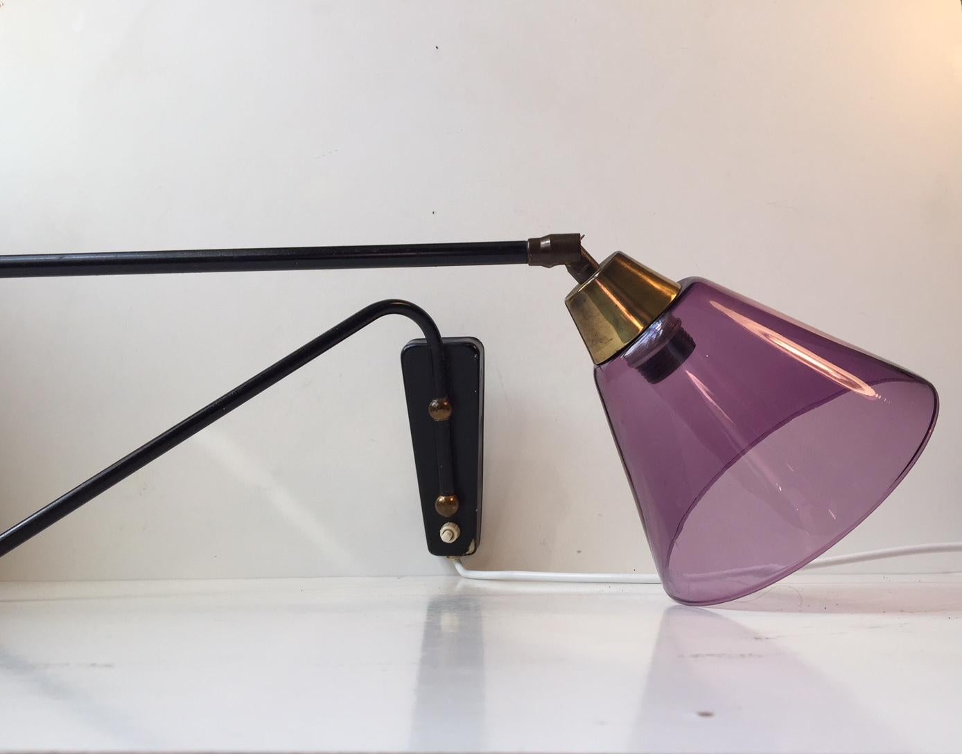 Painted Danish Midcentury Purple Shaded Swing Arm Wall Light, 1950s