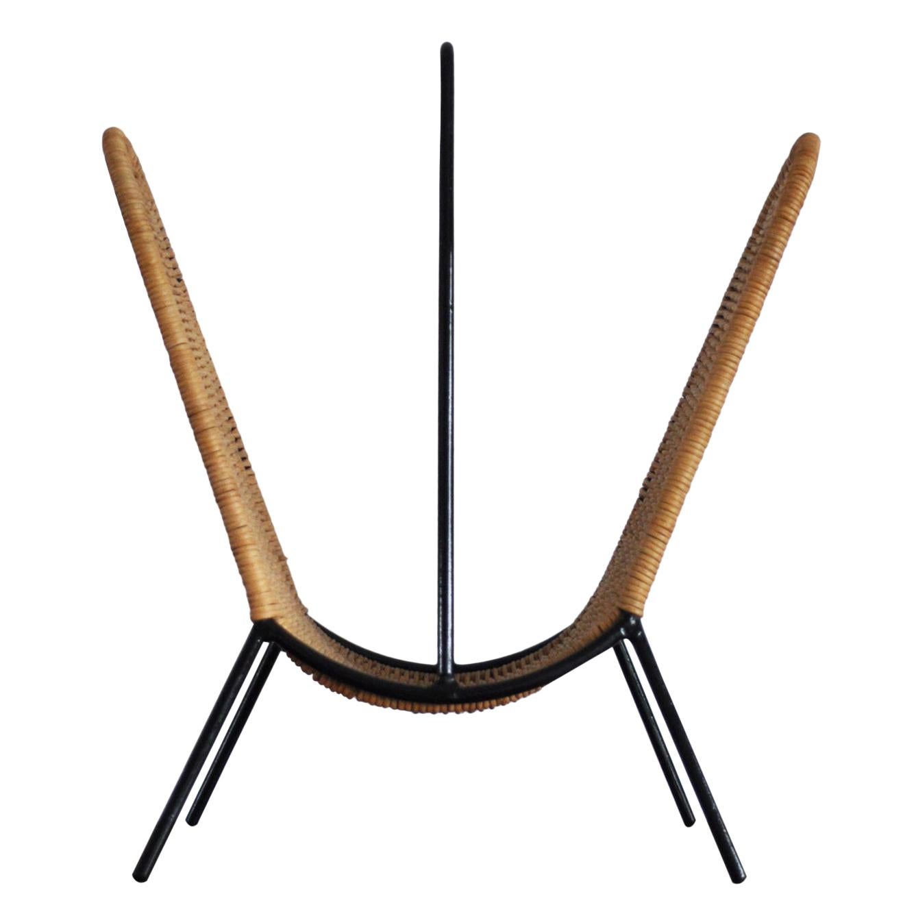 Danish Modern Rattan Magazine Rack attributed to Carl Auböck, 1960s For Sale
