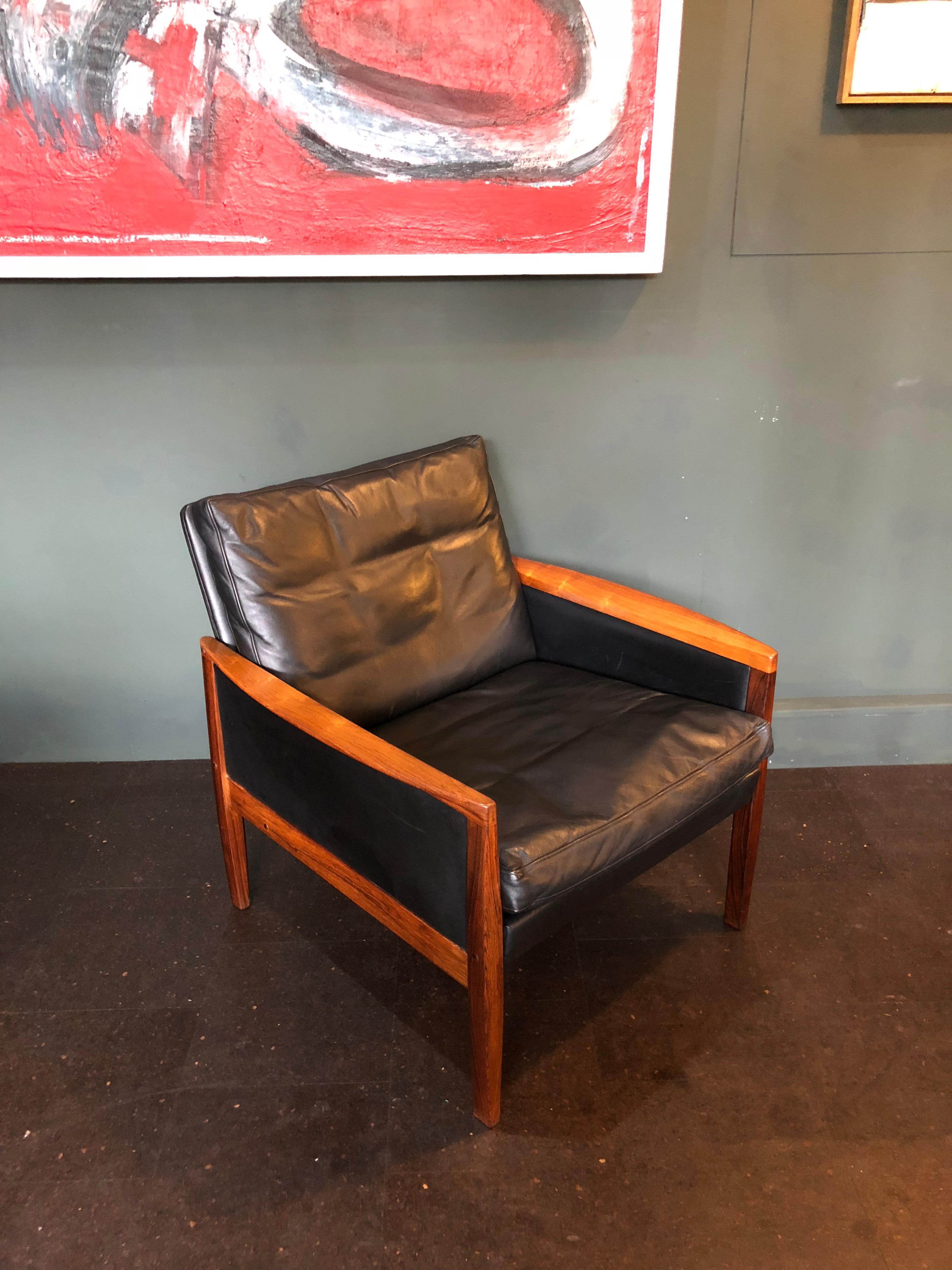 Danish Midcentury Rosewood and Leather Armchair by Hans Olsen In Good Condition In London, GB