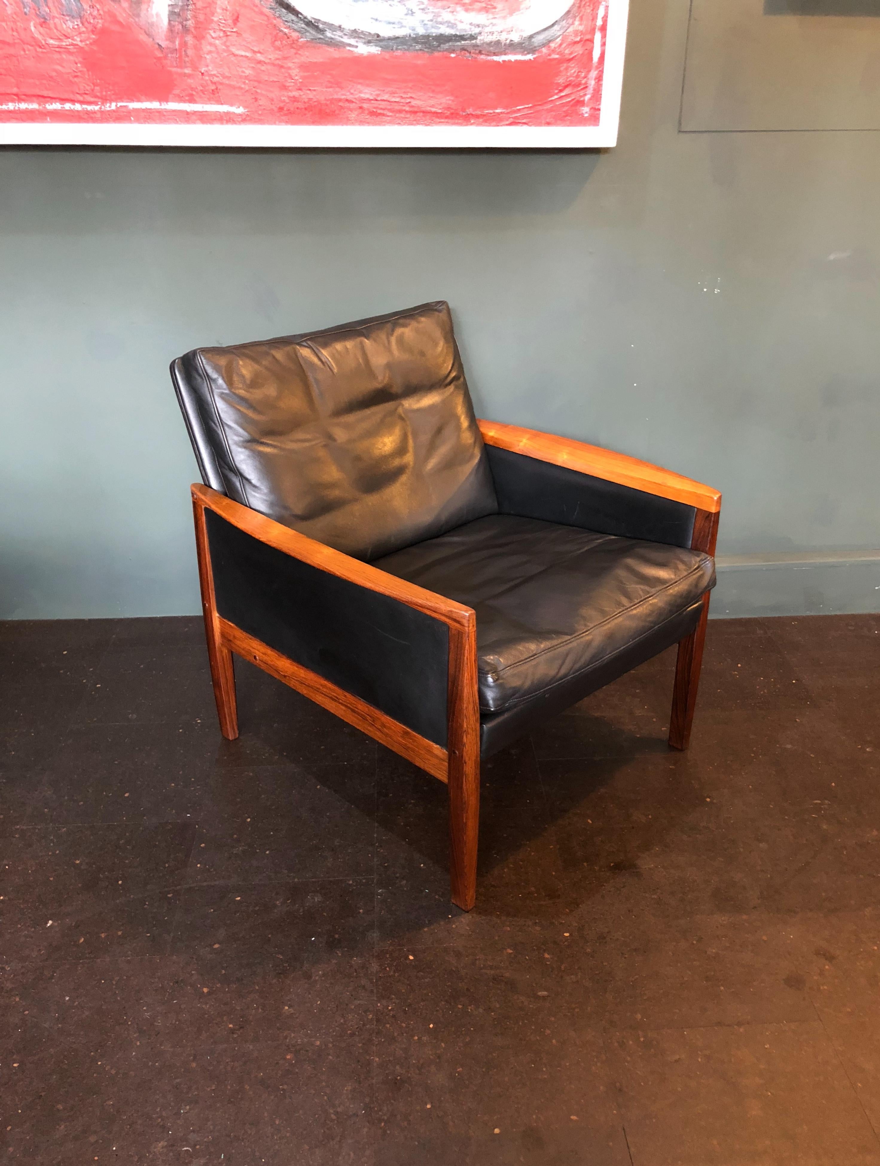 Danish Midcentury Rosewood and Leather Armchair by Hans Olsen 1