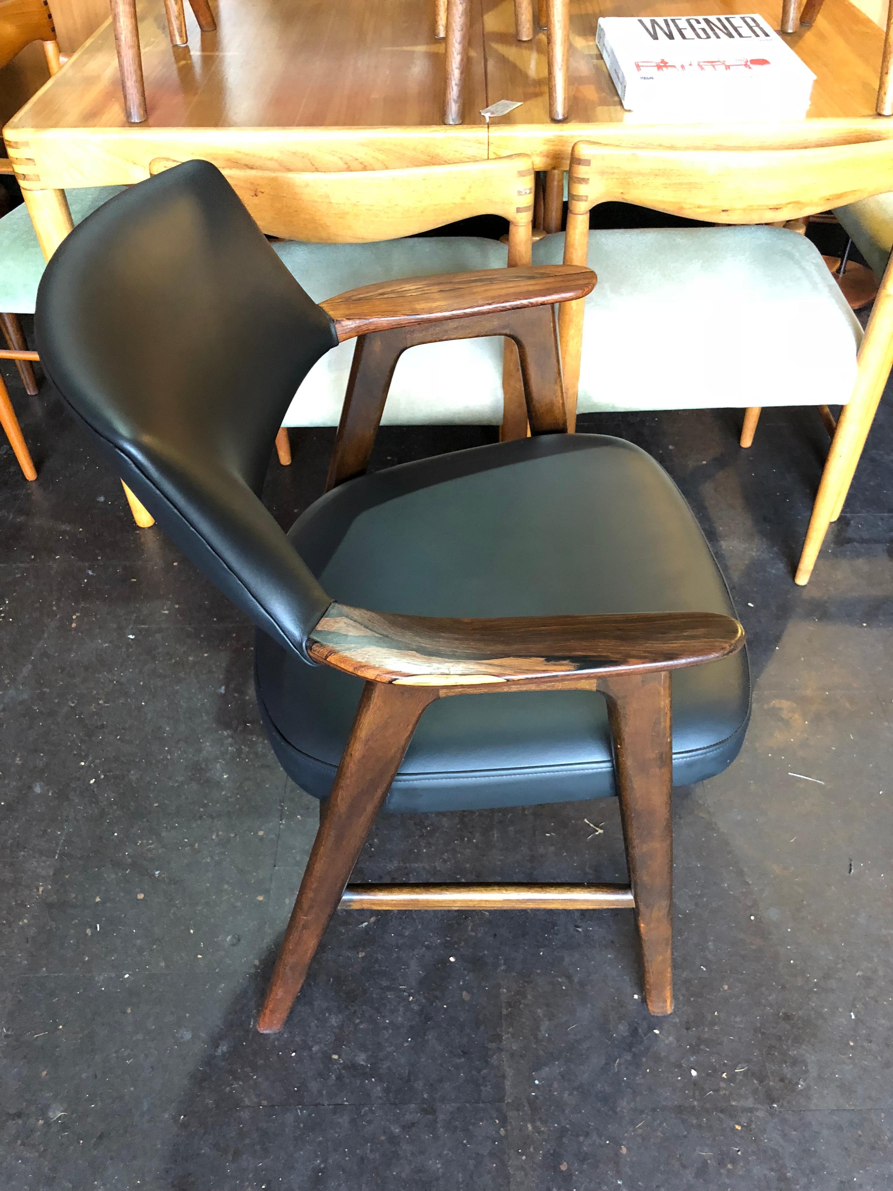 Lovely examples of this classic Danish Midcentury rosewood Erik Kirkegaard chair. Designed by Kirkegaard for Hong-Stolefabrik circa 1950. Fine quality solid rosewood frame with new black leather upholstery - you can choose a different colour leather