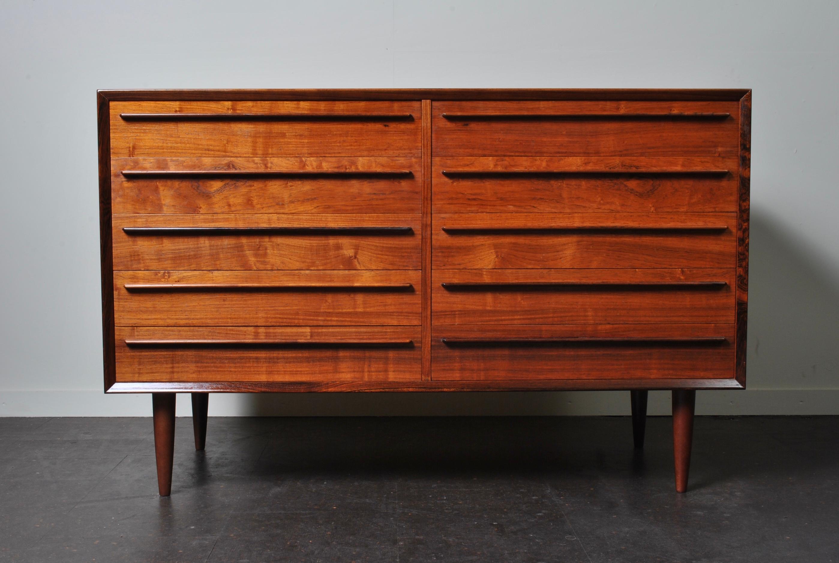 Double bank Danish midcentury rosewood chest of drawers, Denmark, circa 1960.