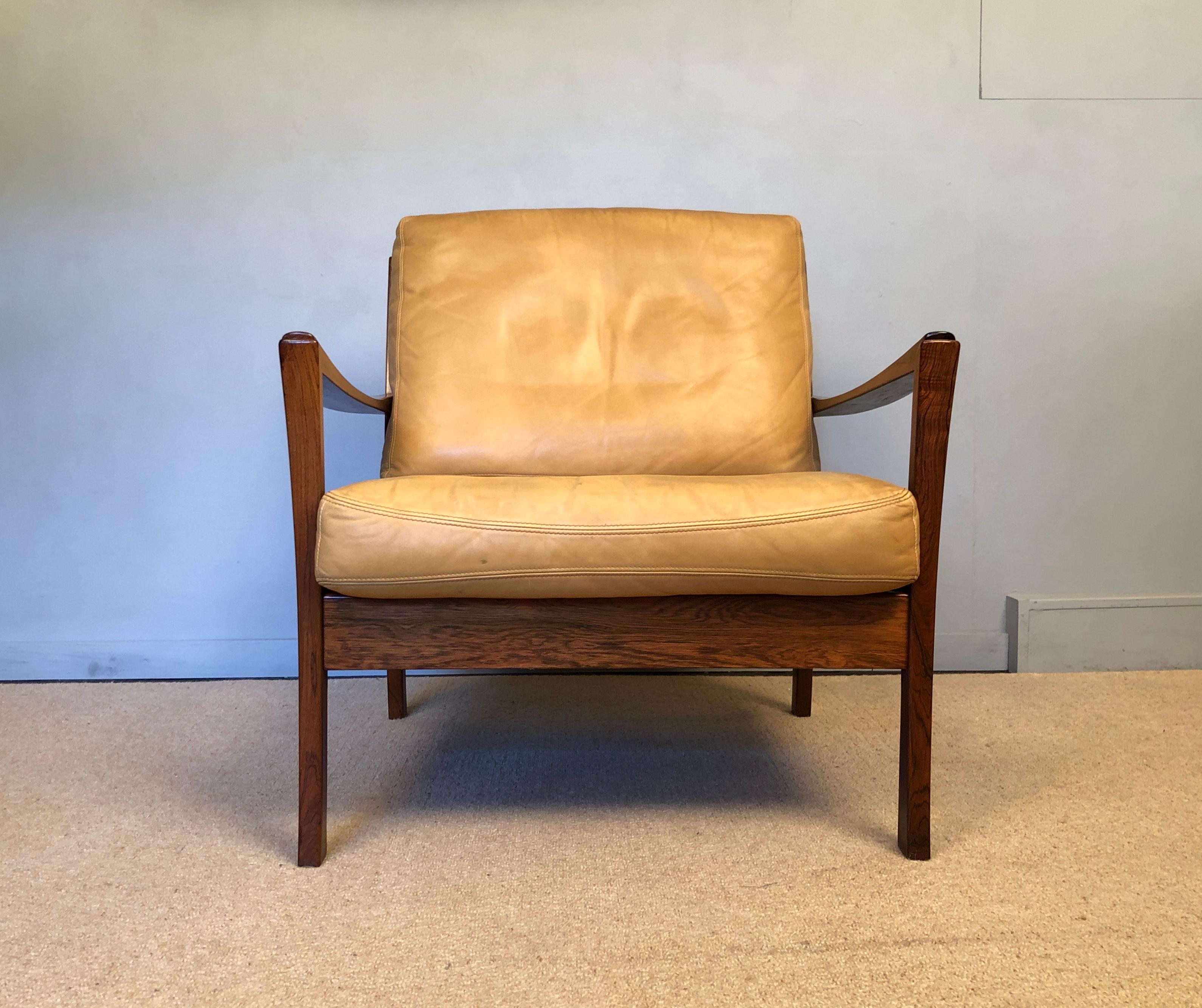 Mid-Century Modern Danish Midcentury Rosewood Lounge Chair, Tan Leather