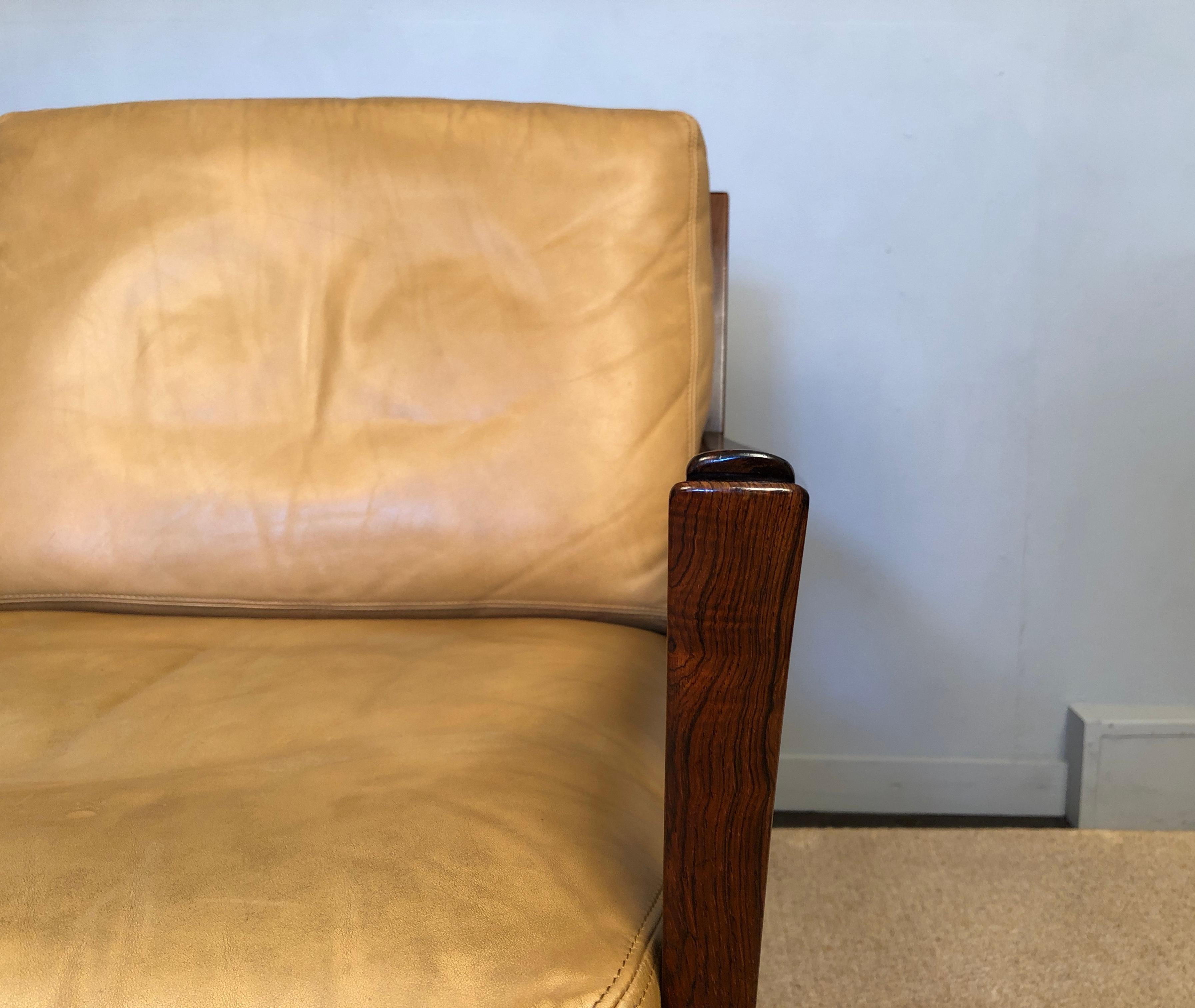 20th Century Danish Midcentury Rosewood Lounge Chair, Tan Leather