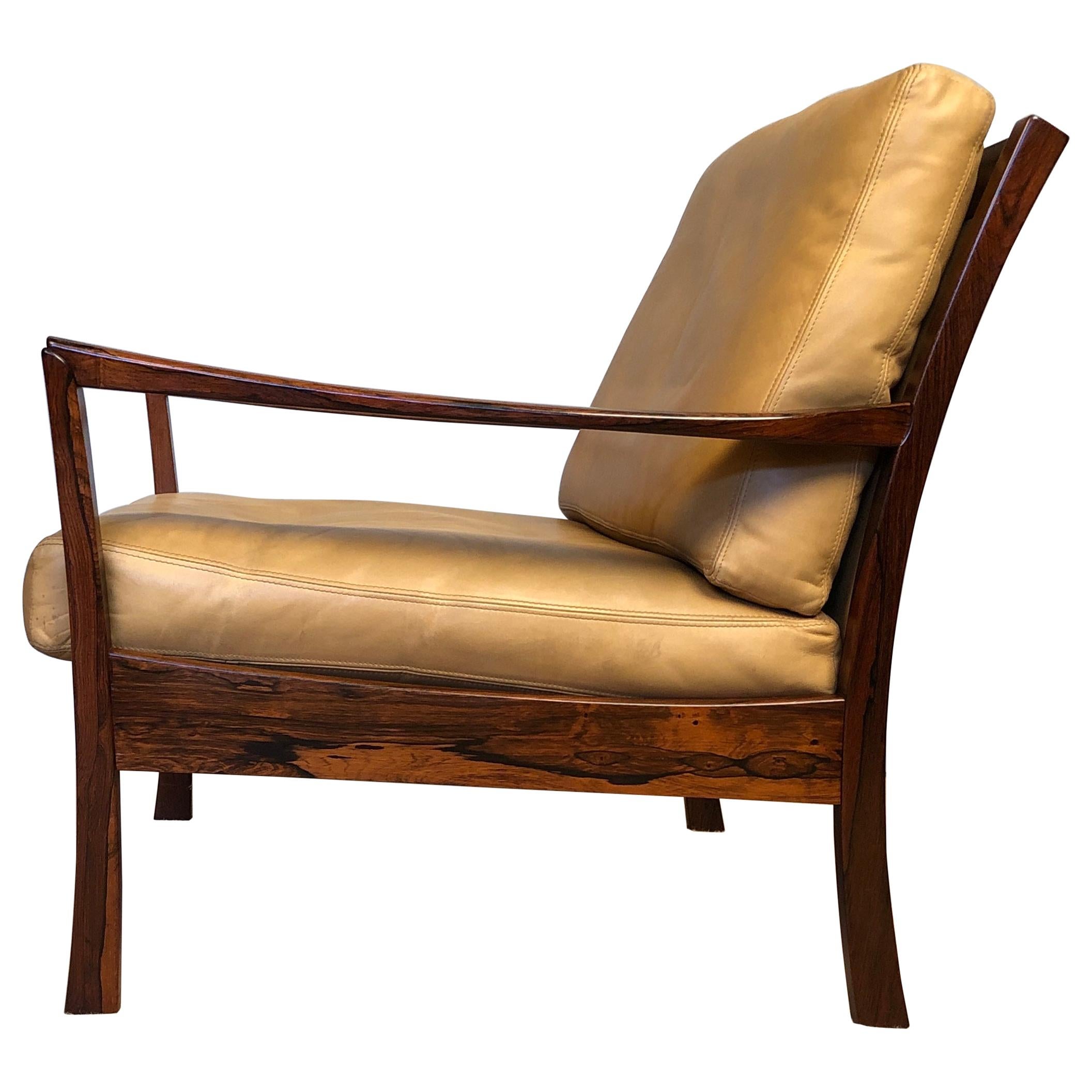 Danish Midcentury Rosewood Lounge Chair, Tan Leather