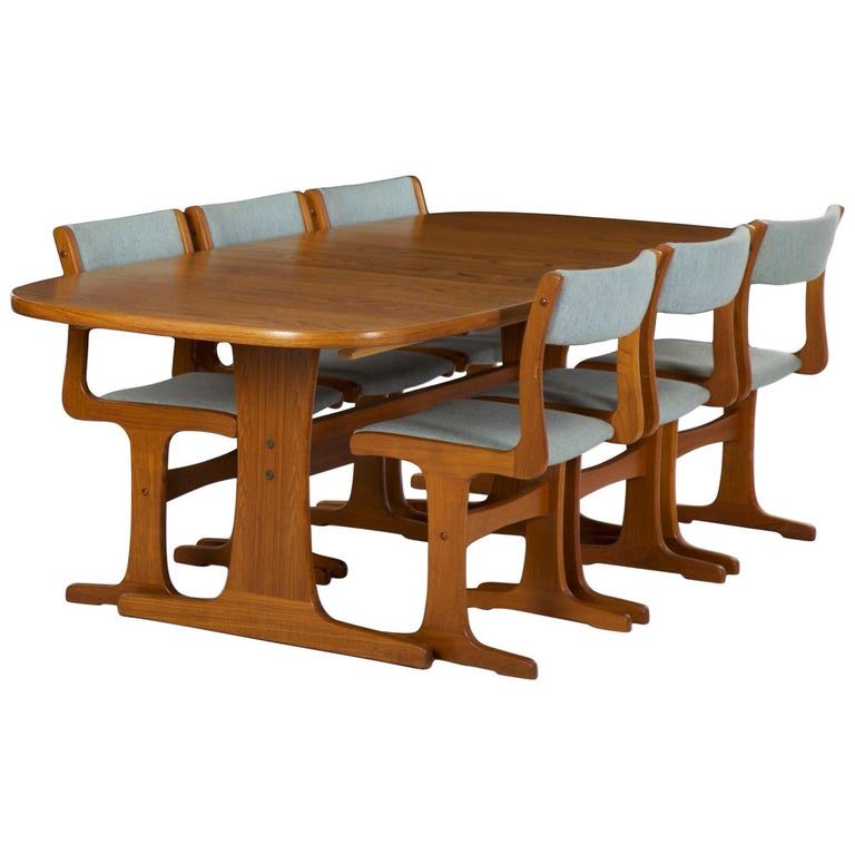Danish Midcentury Set Of Six Chairs And Trestle Dining Table By Gangso Mobler