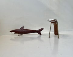 Danish Midcentury Shark & Lobster Figural Bottle Openers in Teak & Brass