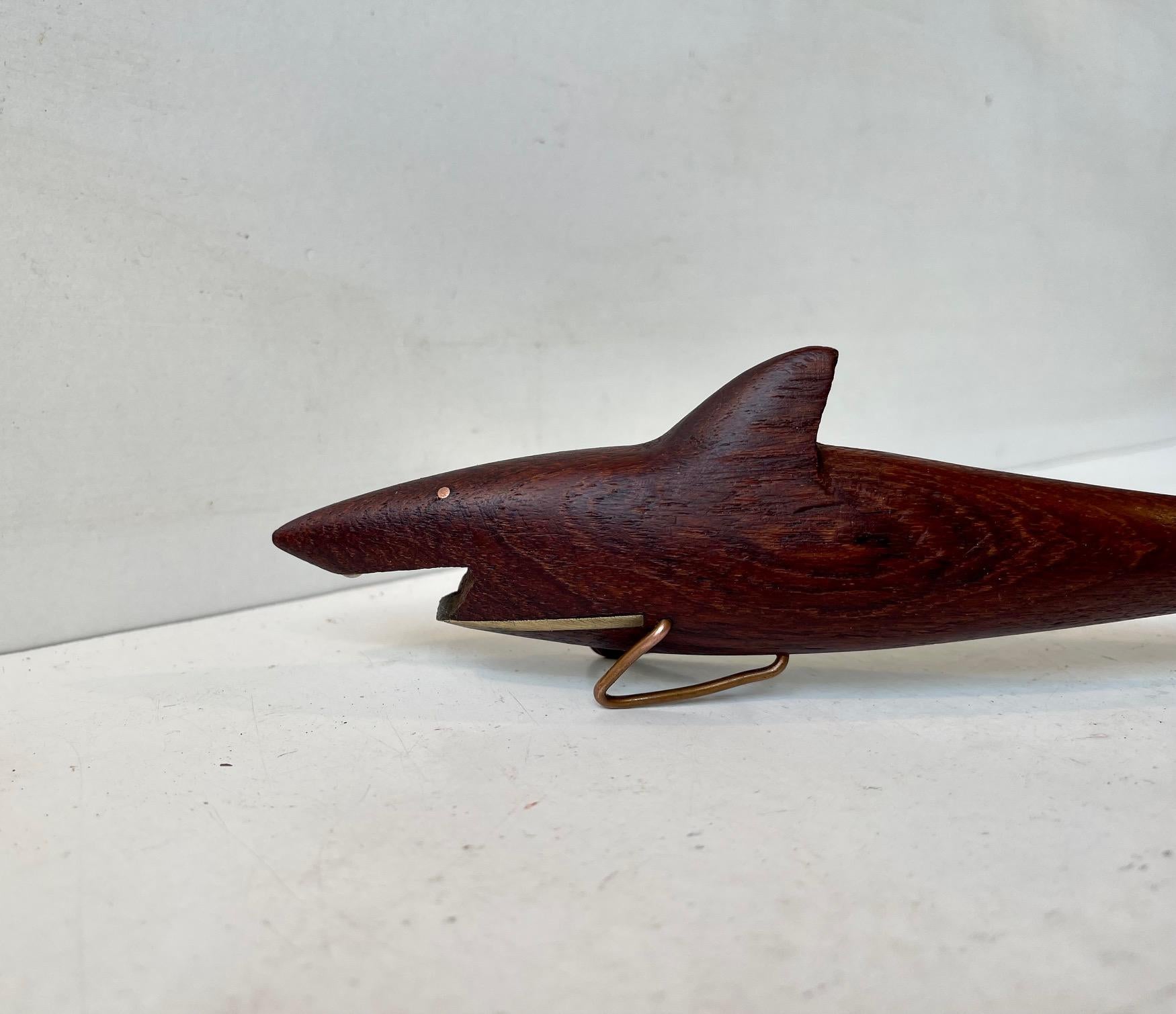 Mid-Century Modern Danish Midcentury Shark & Lobster Figural Bottle Openers in Teak & Brass For Sale