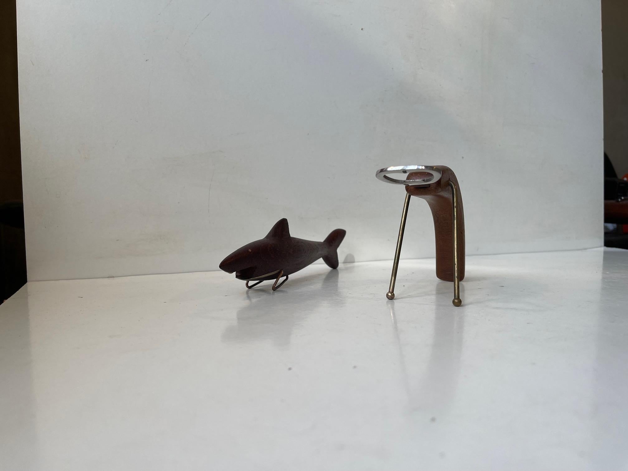 Mid-20th Century Danish Midcentury Shark & Lobster Figural Bottle Openers in Teak & Brass For Sale