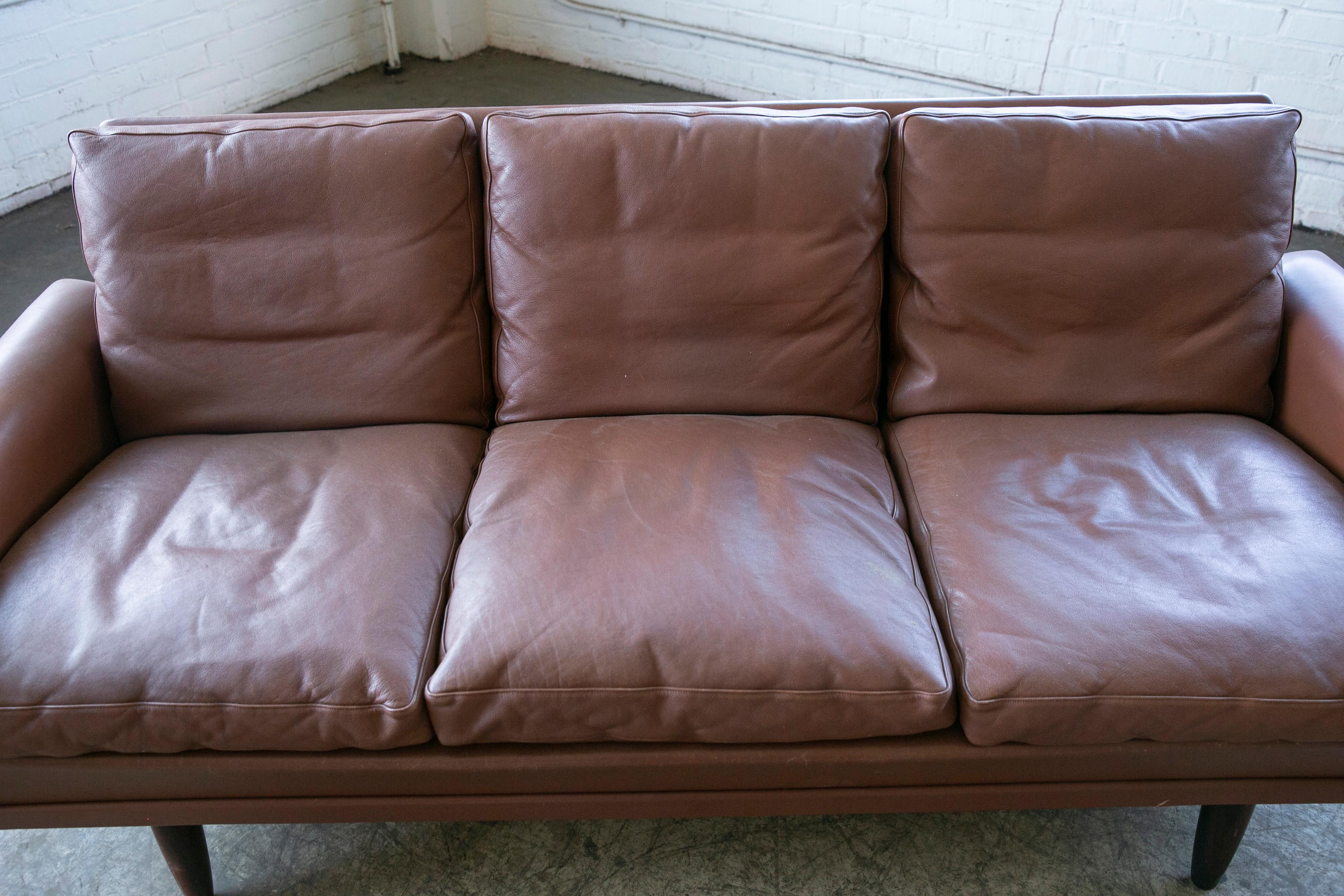 Scandinavian Modern Danish Mid-Century Sofa in Cappuccino Colored Leather by Kurt Ostervig