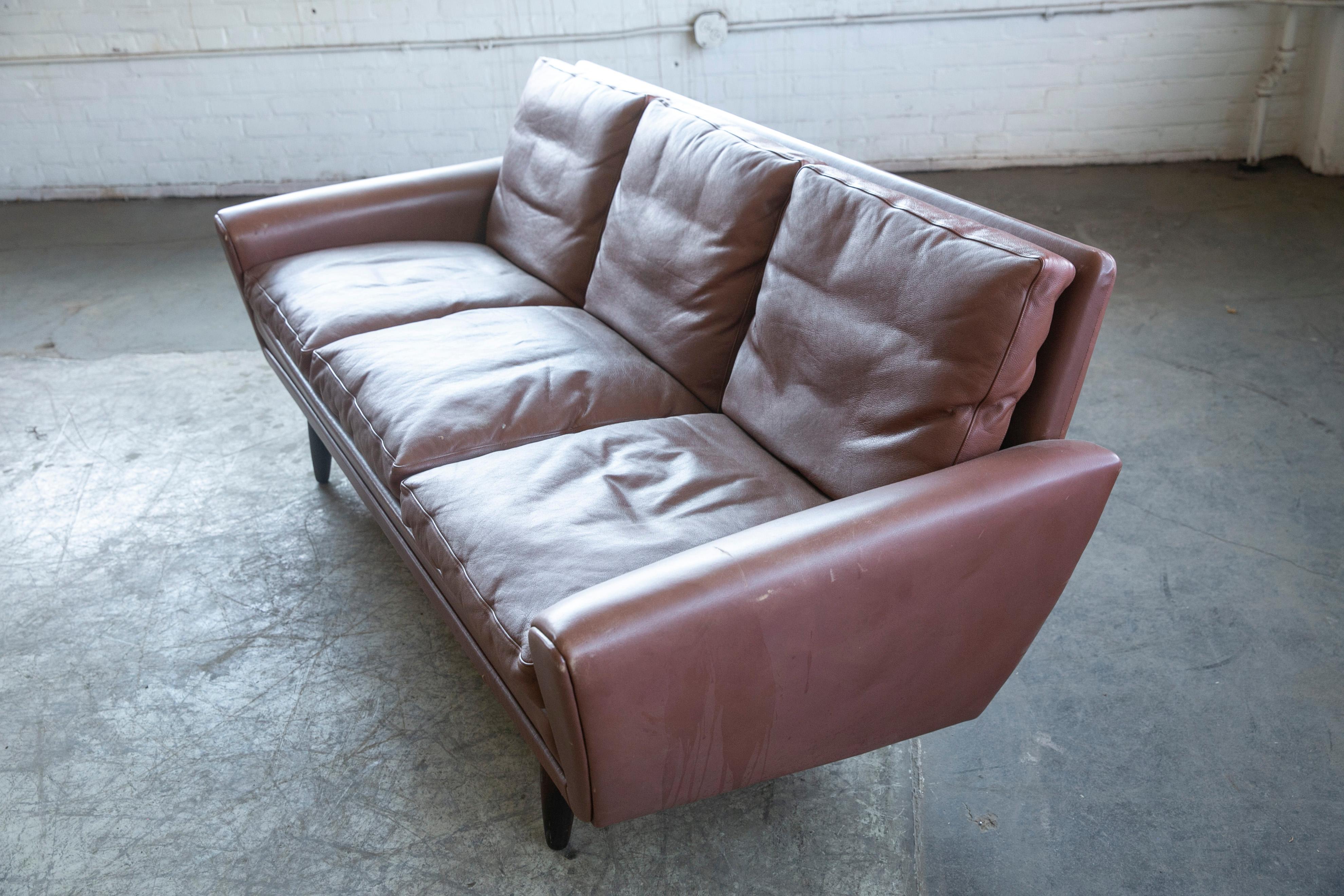 Danish Mid-Century Sofa in Cappuccino Colored Leather by Kurt Ostervig In Good Condition In Bridgeport, CT