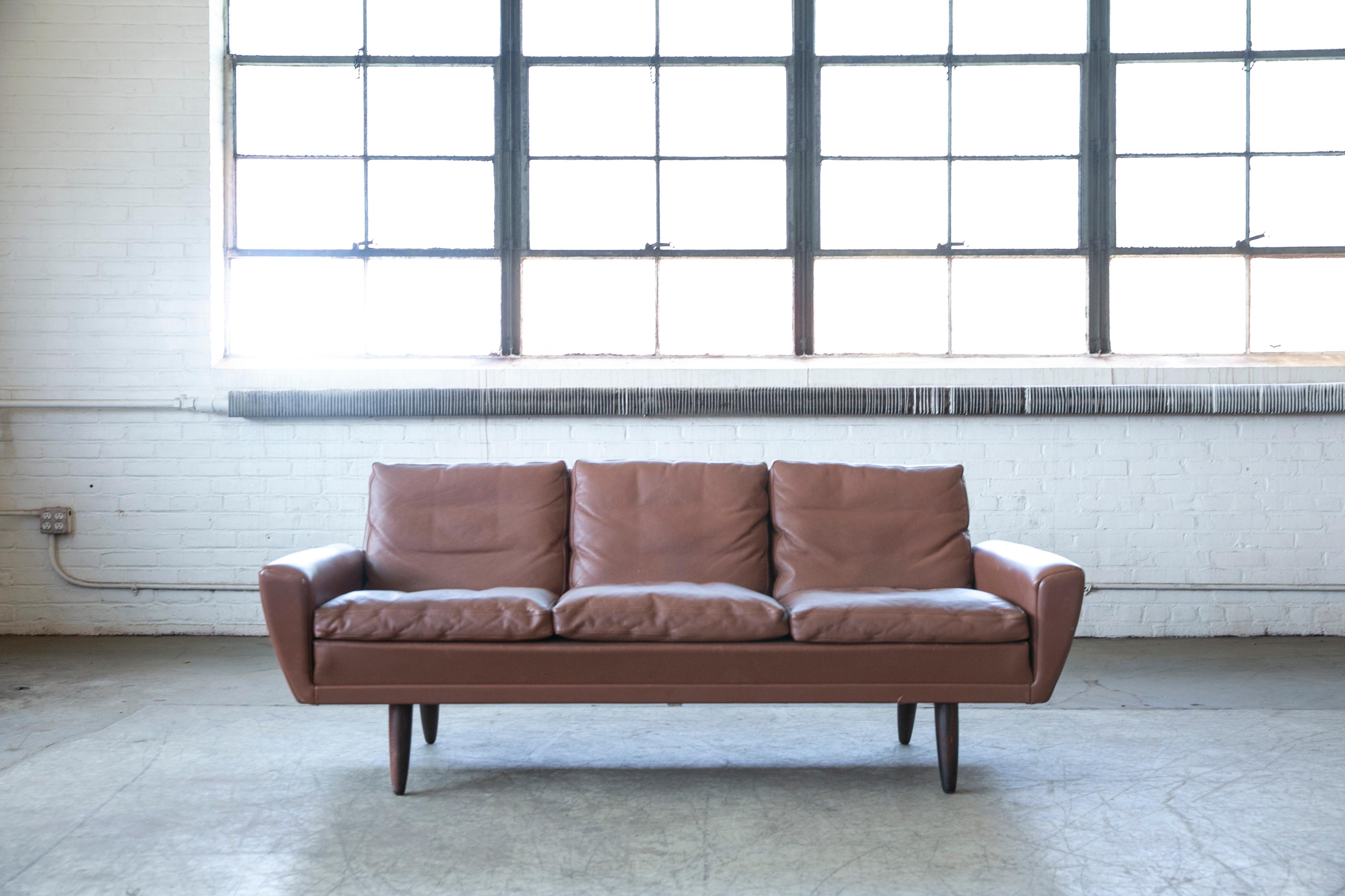 Danish Mid-Century Sofa in Cappuccino Colored Leather by Kurt Ostervig 1