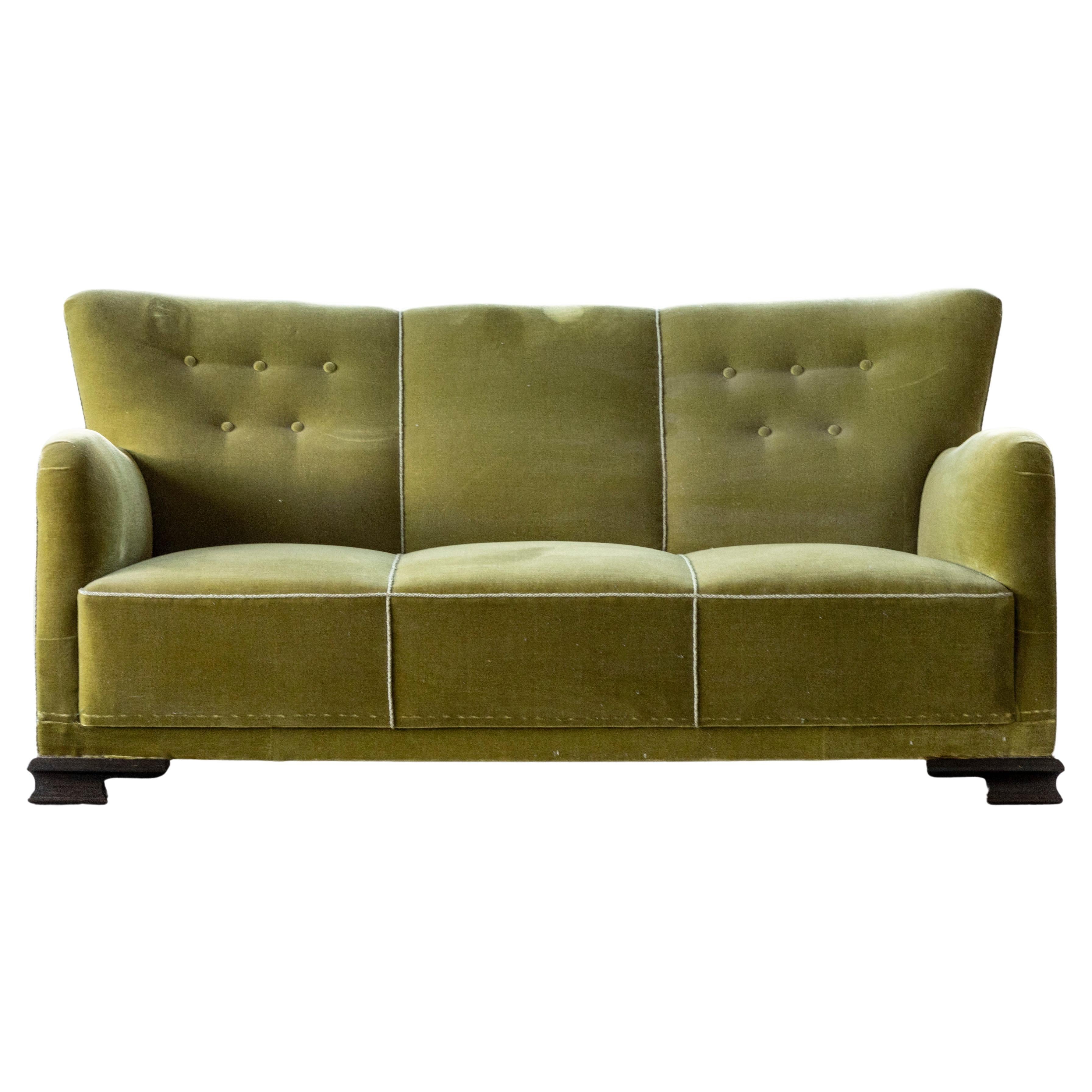 Danish Midcentury Sofa in Green Mohair with Art Deco Legs