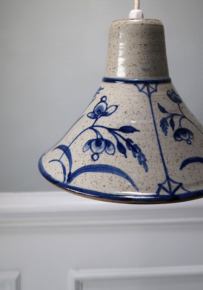 Danish Midcentury Stoneware Handmade Pendant with Blue Flowers, 1960s For Sale 3